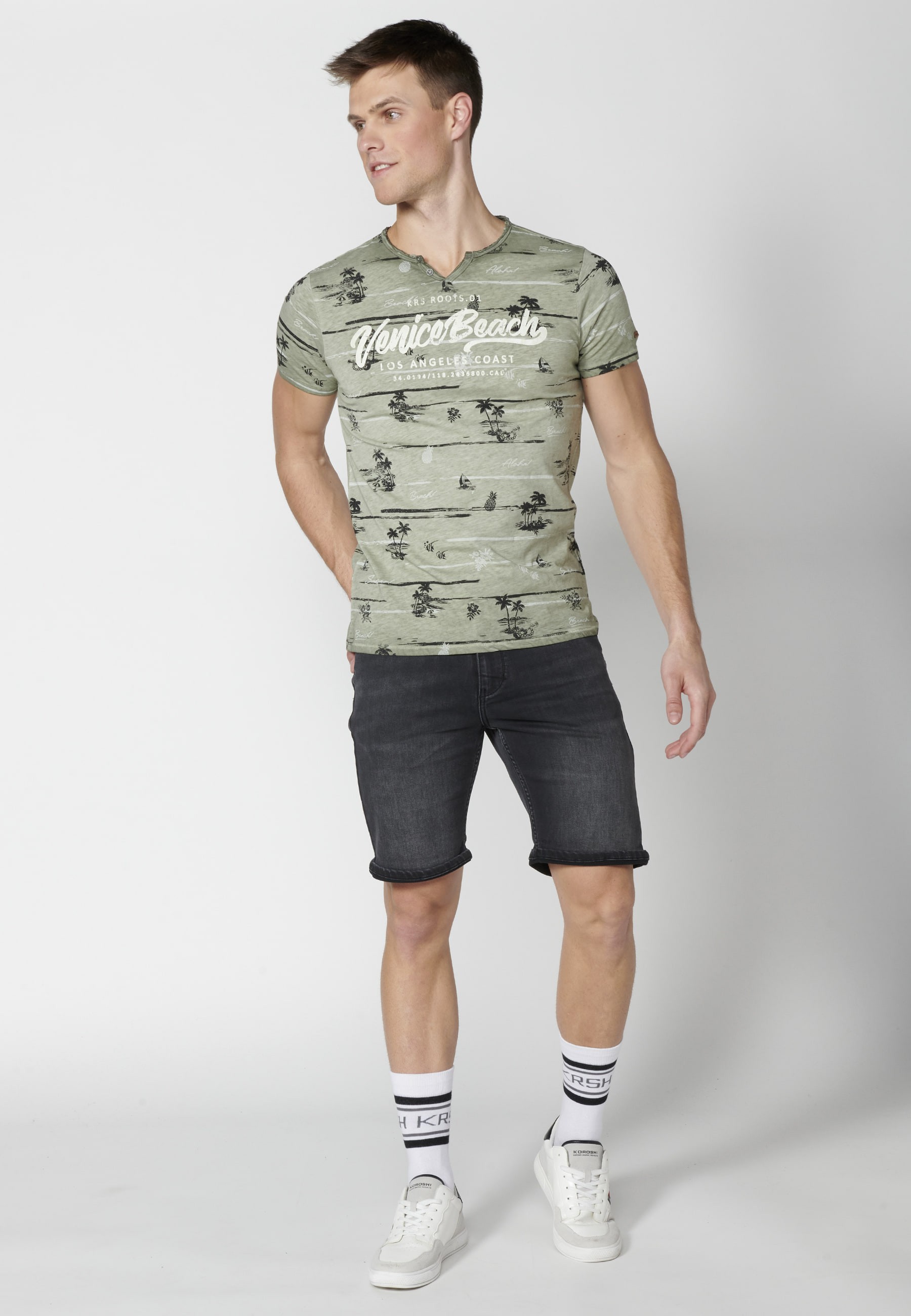 Khaki Cotton Short Sleeve T-shirt for Men