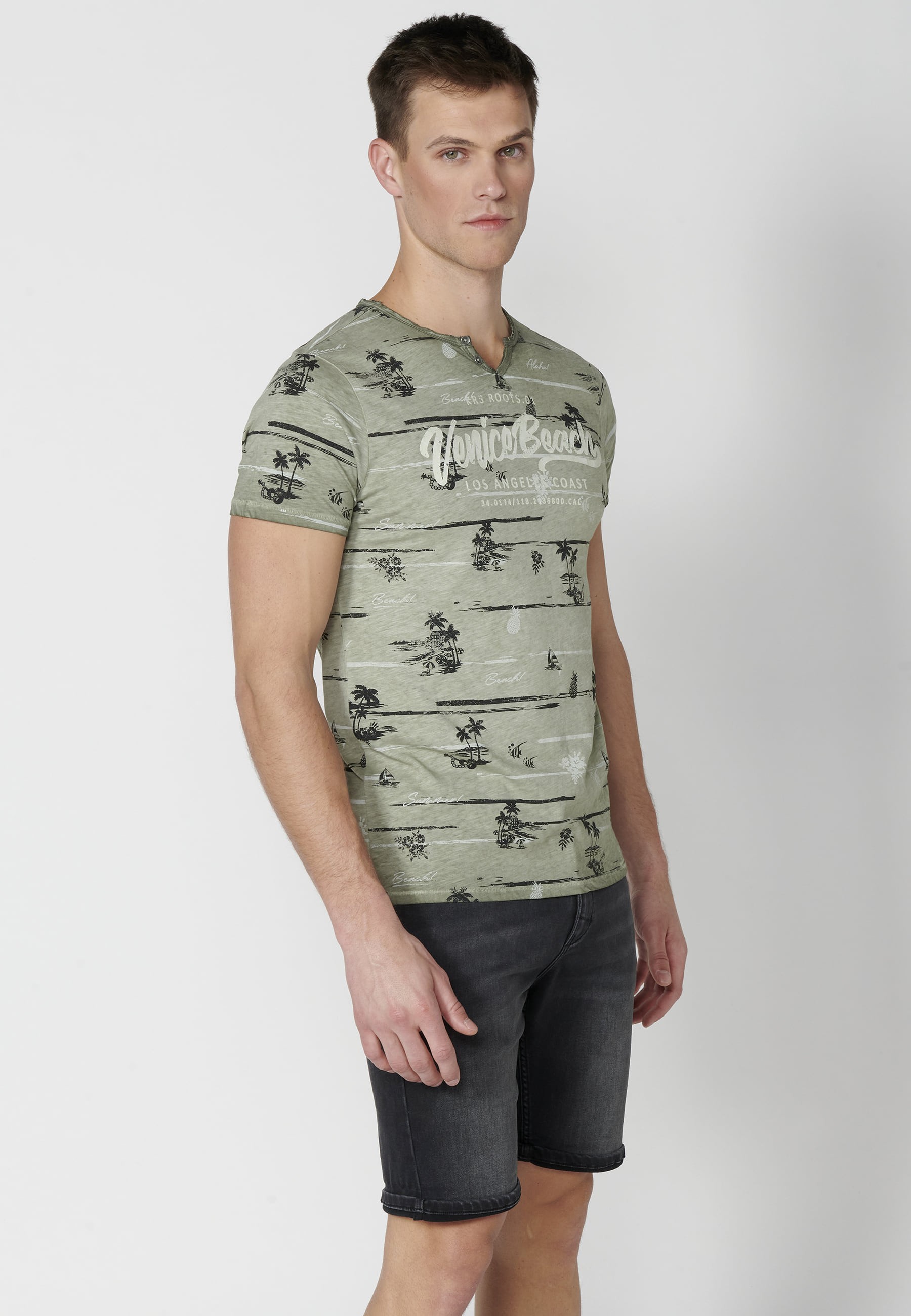 Khaki Cotton Short Sleeve T-shirt for Men