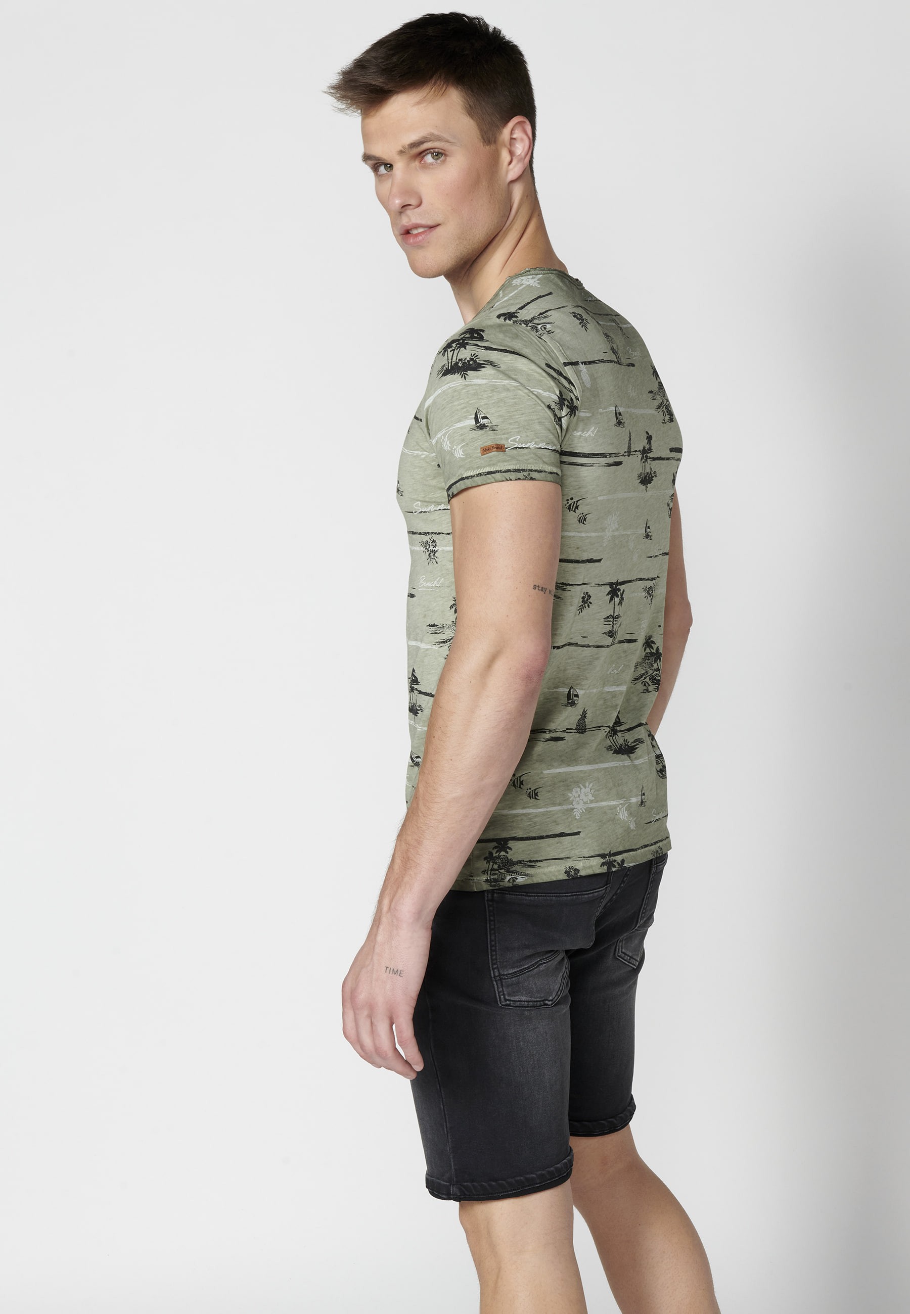 Khaki Cotton Short Sleeve T-shirt for Men