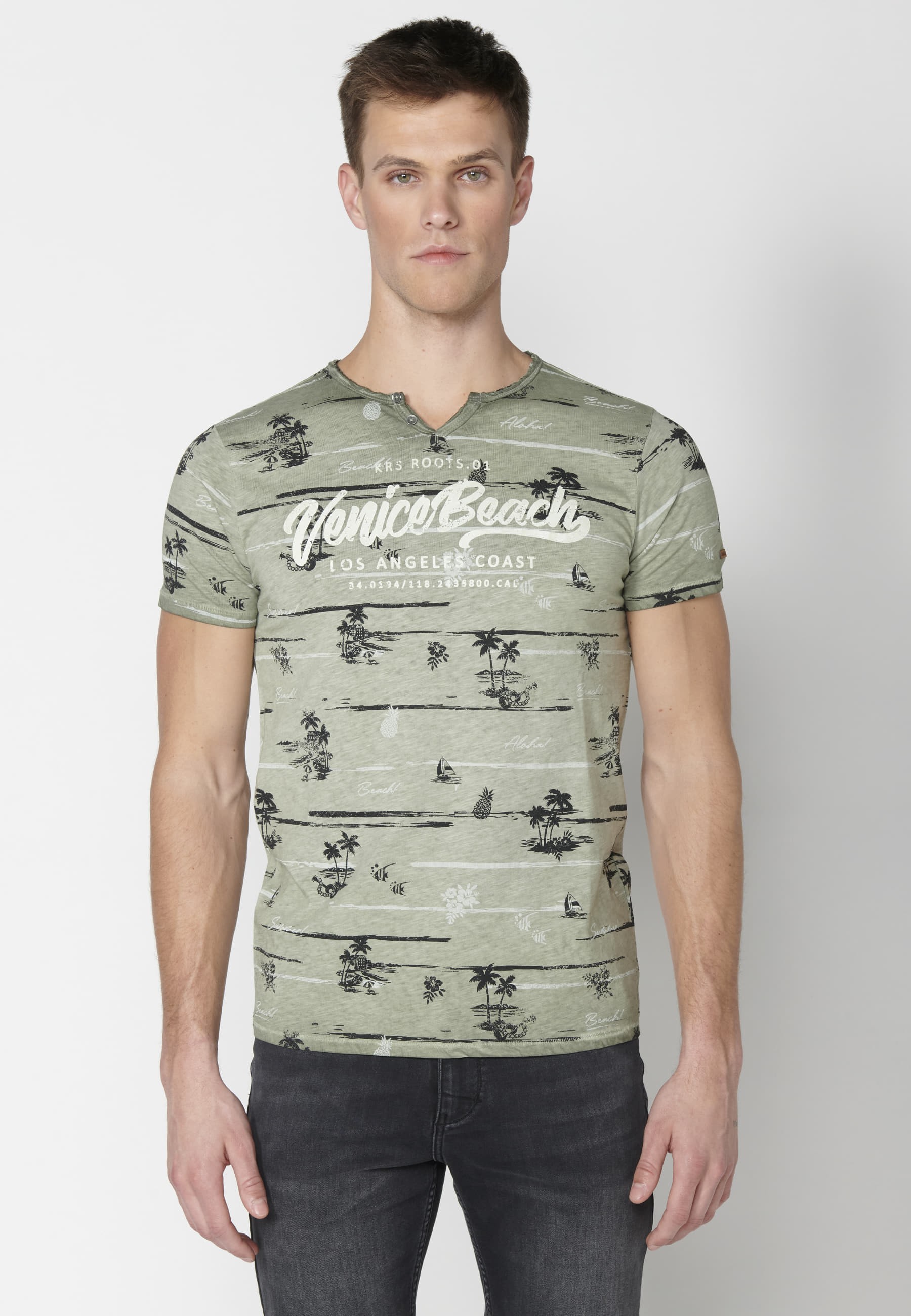 Khaki Cotton Short Sleeve T-shirt for Men