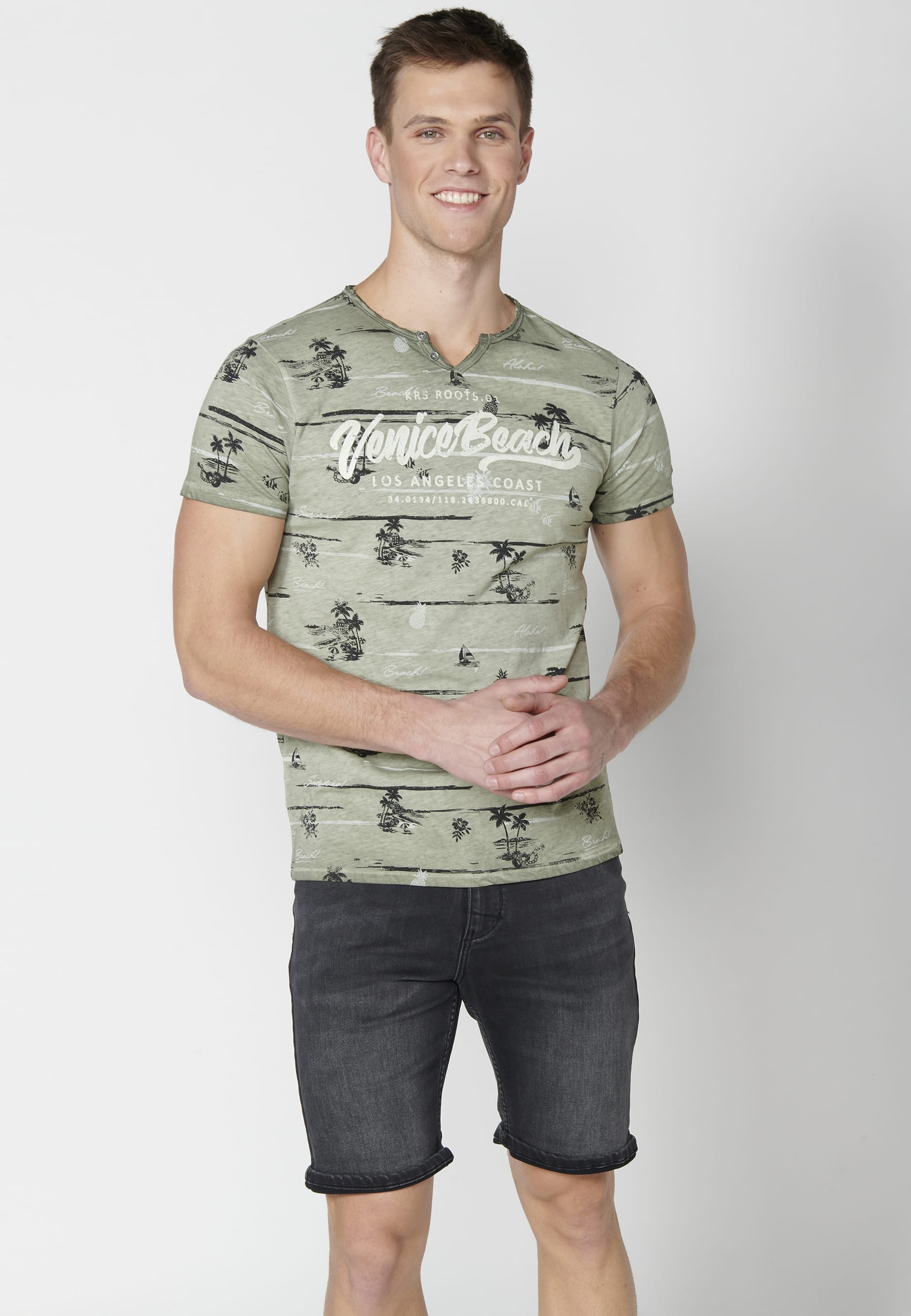 Kurzärmliges T-Shirt aus khakifarbener Baumwolle für Herren