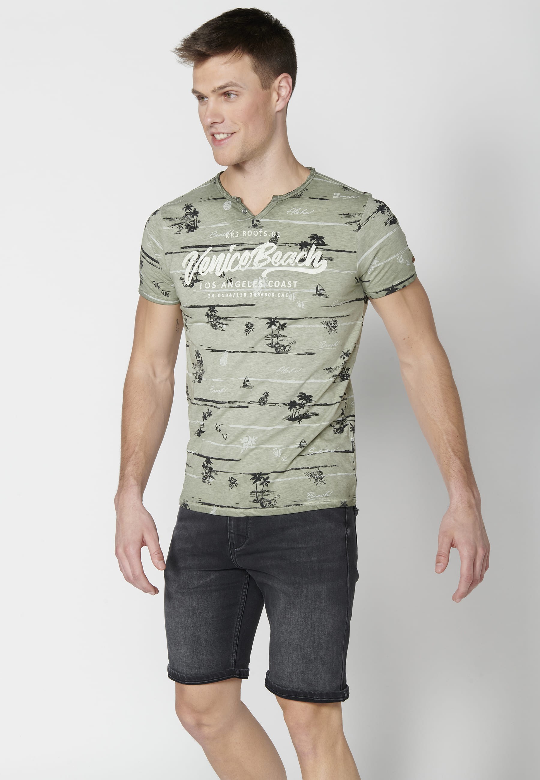 Khaki Cotton Short Sleeve T-shirt for Men
