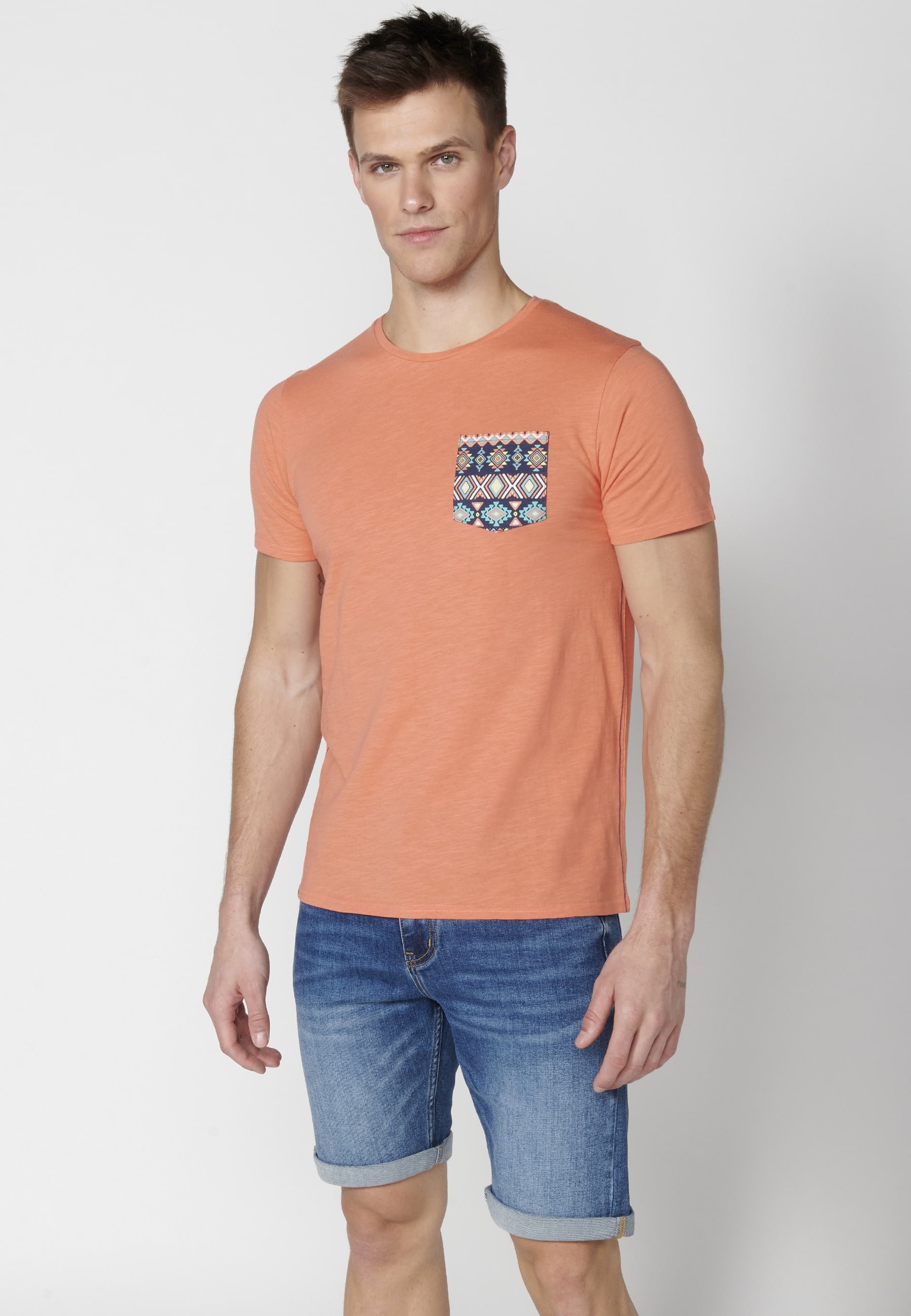 Lachsfarbenes Kurzarm-T-Shirt aus Baumwolle für Herren