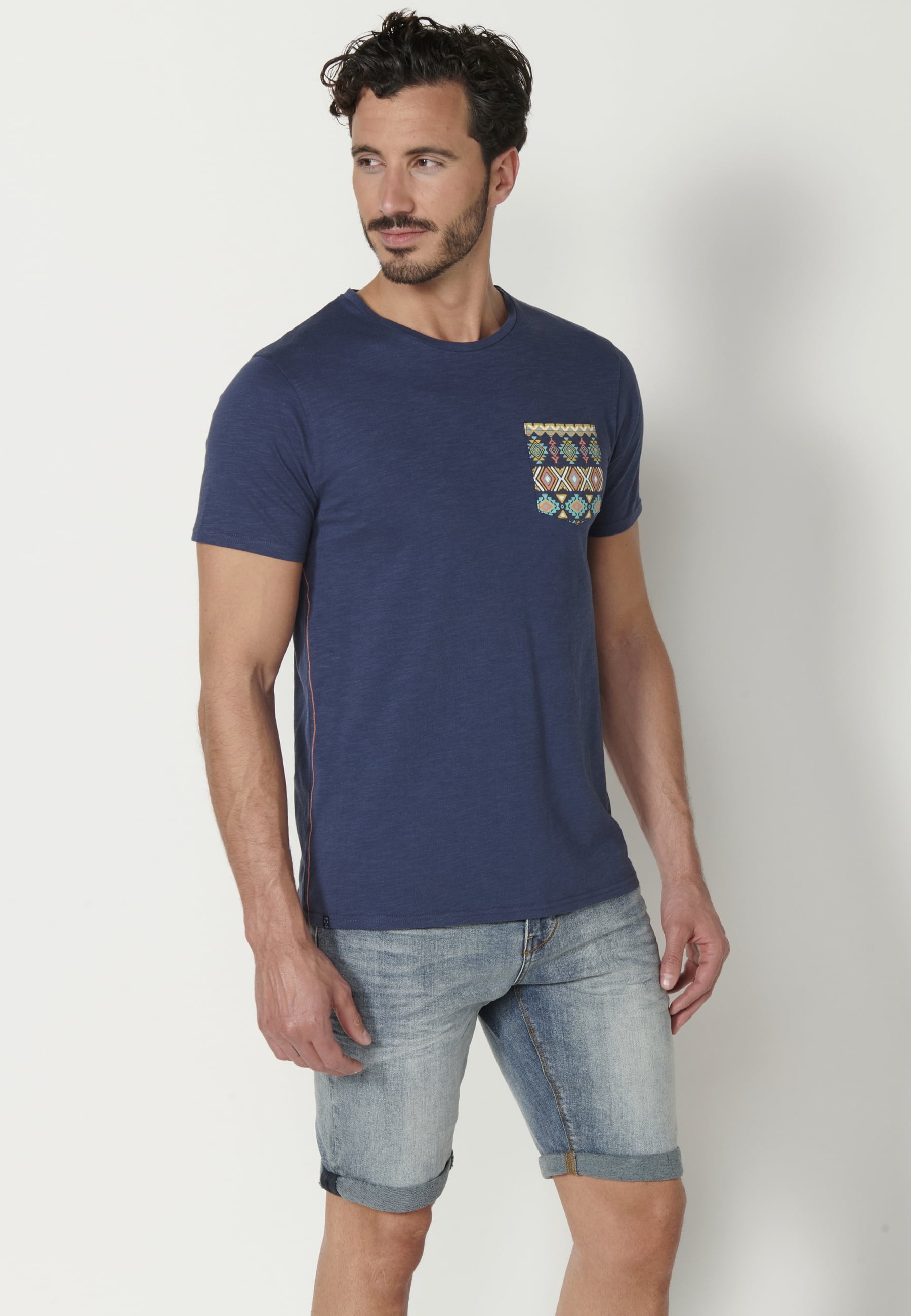 Camiseta de manga corta de Algodón color Índigo para Hombre 6