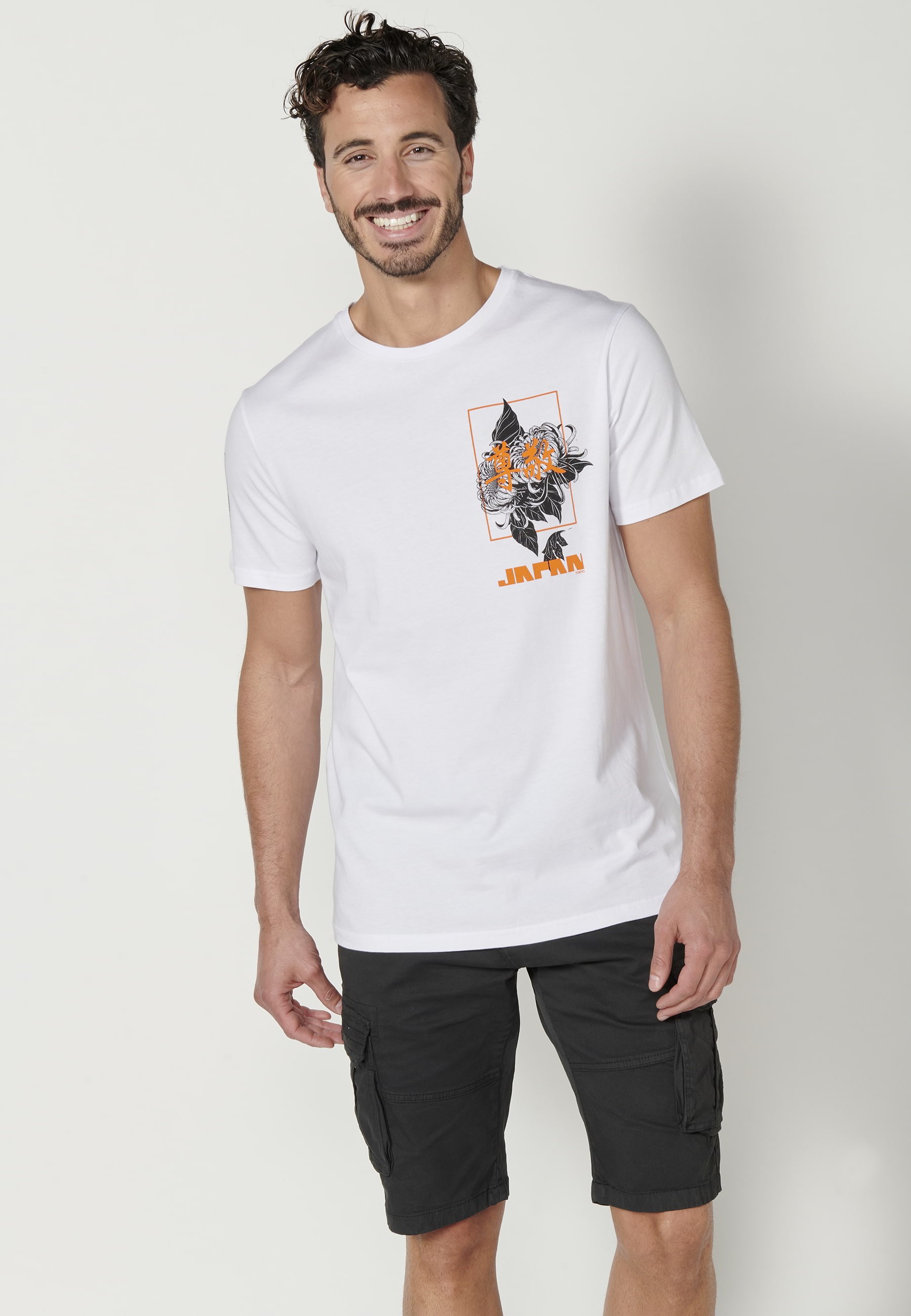 Kurzärmliges Baumwoll-T-Shirt mit Front-, Rücken- und Ärmelaufdruck in Weiß für Herren