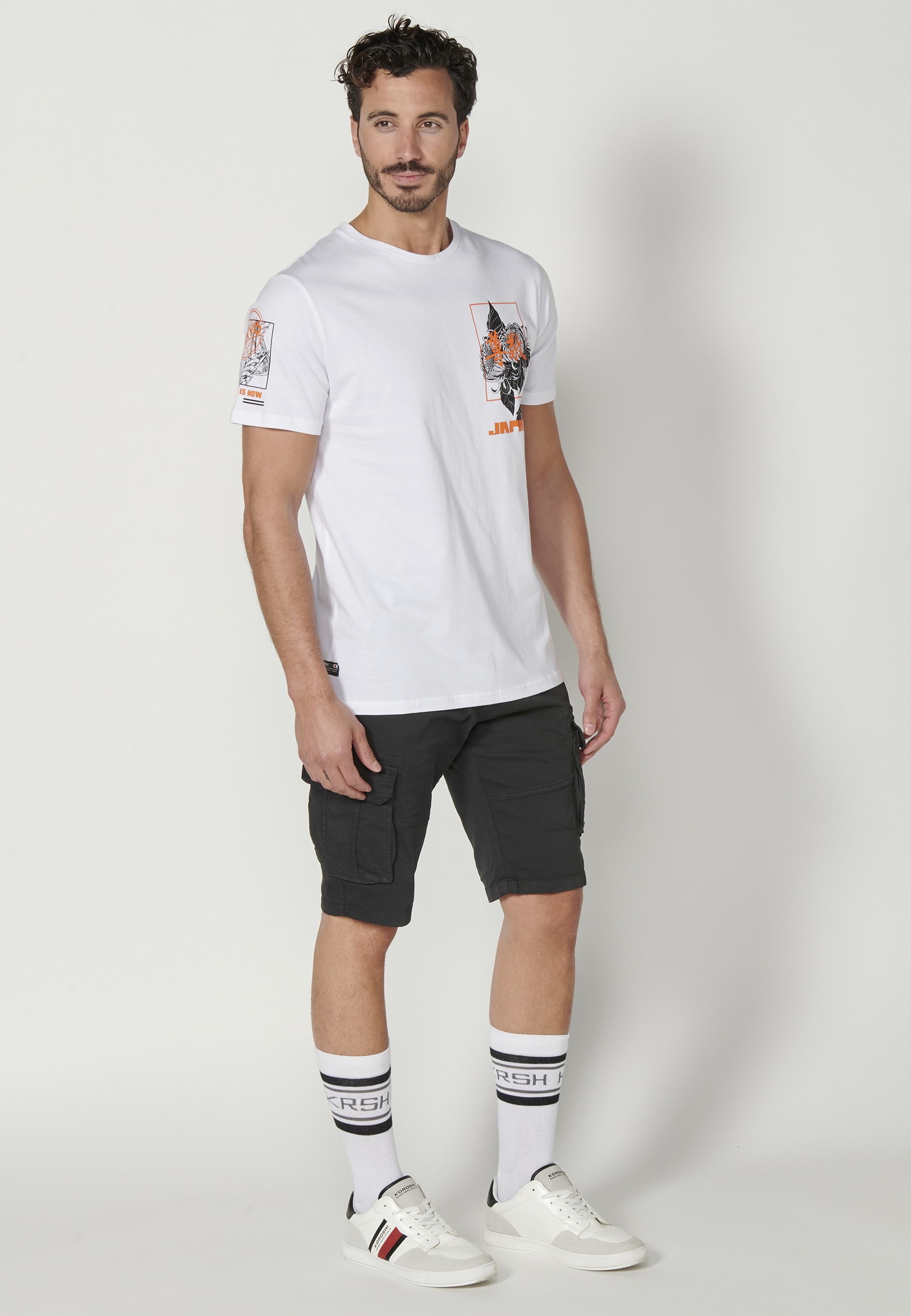 Kurzärmliges Baumwoll-T-Shirt mit Front-, Rücken- und Ärmelaufdruck in Weiß für Herren