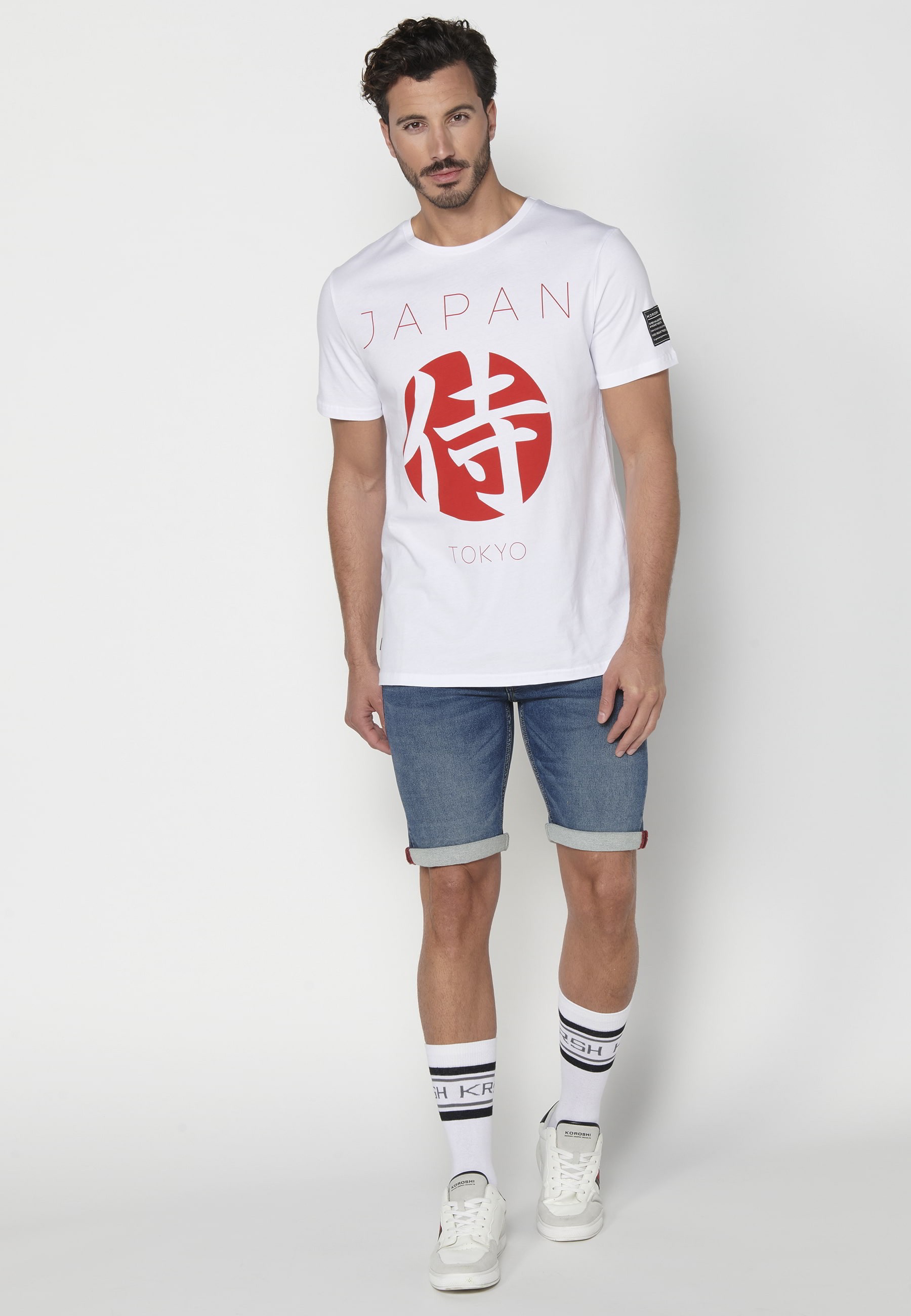 Camiseta de Manga corta de Algodón con Estampado delantero y en manga Color Blanco para Hombre