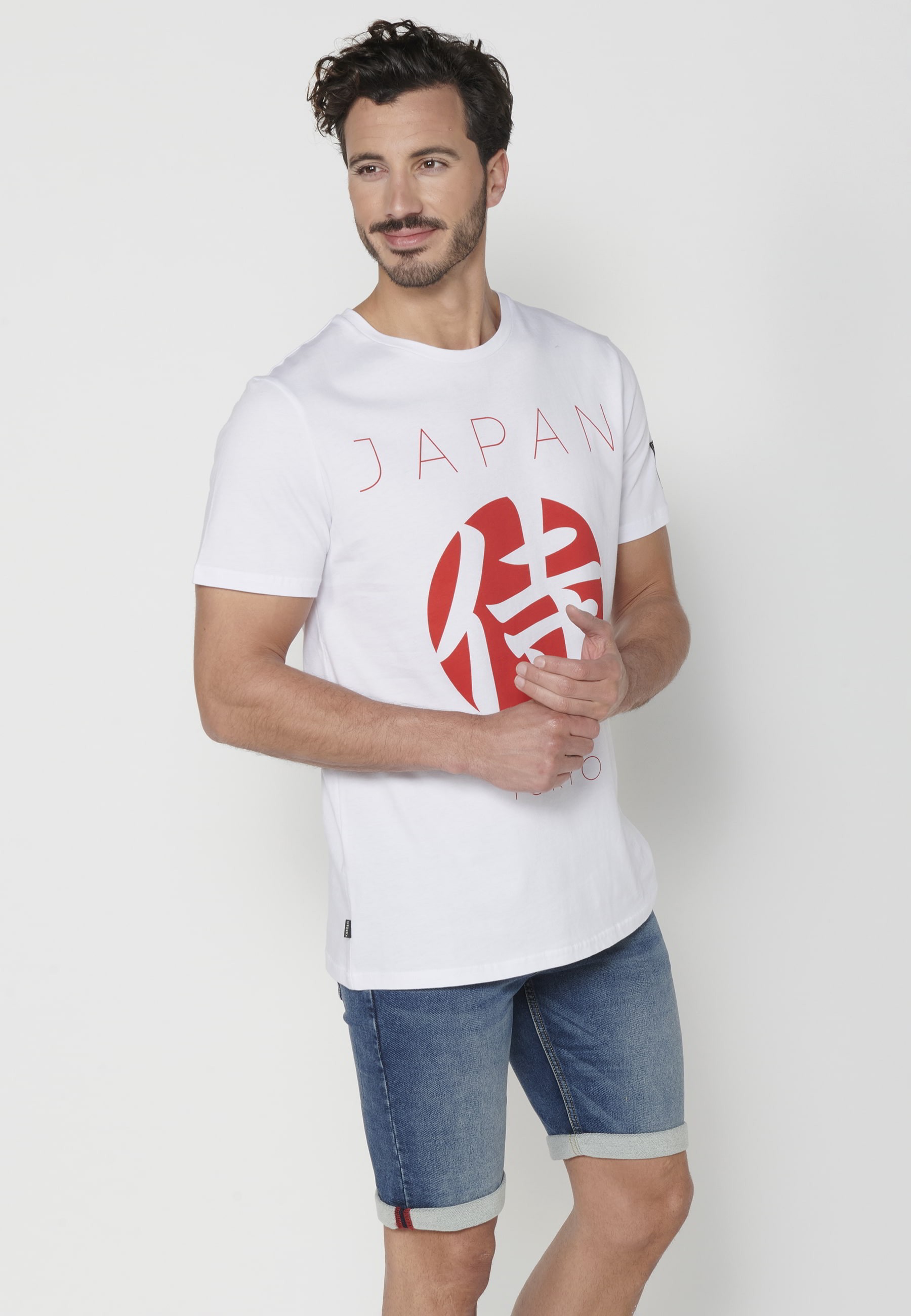 Camiseta de Manga corta de Algodón con Estampado delantero y en manga Color Blanco para Hombre