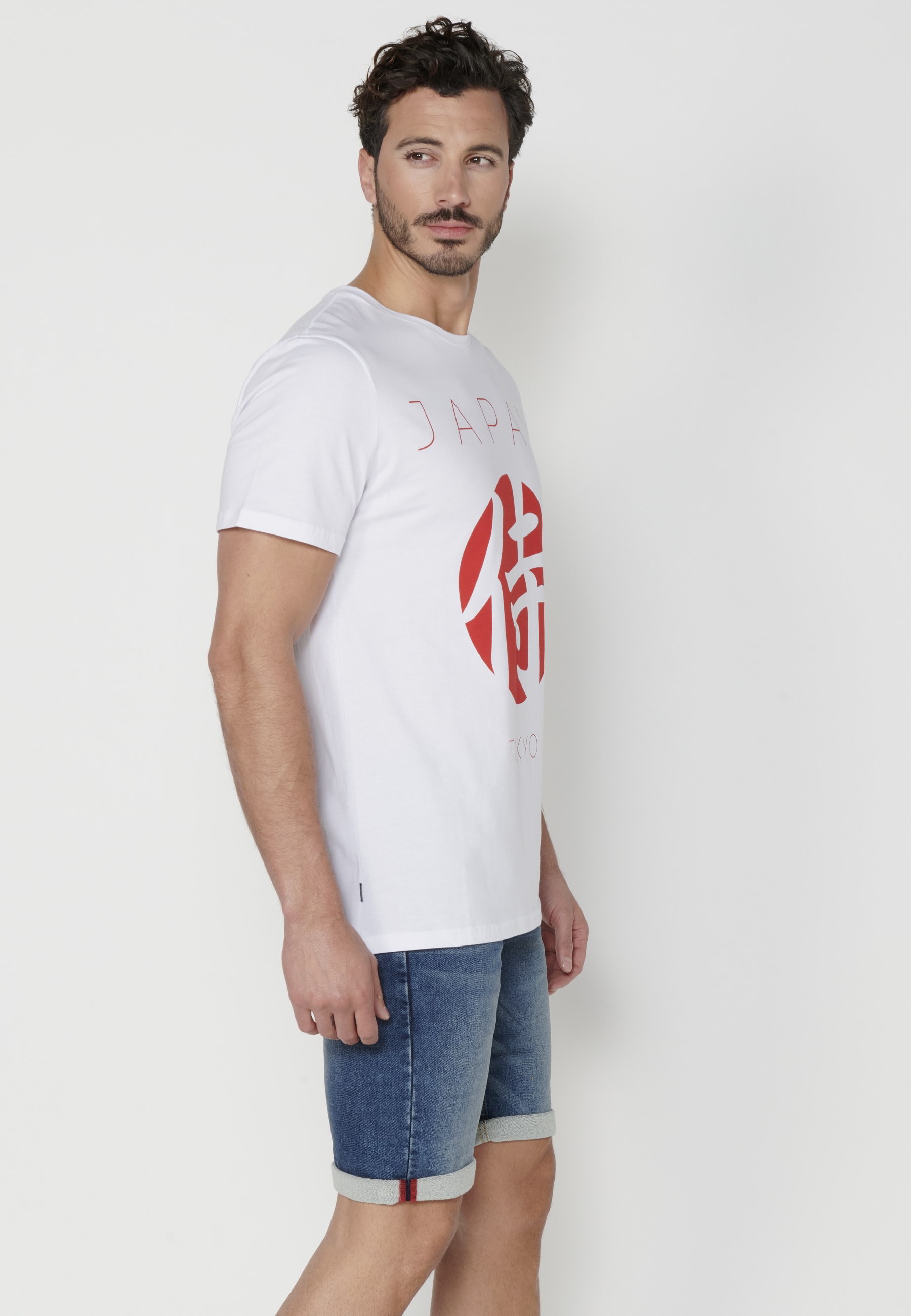 Short-Sleeved Cotton T-shirt with a White Print on the front and sleeves for Men