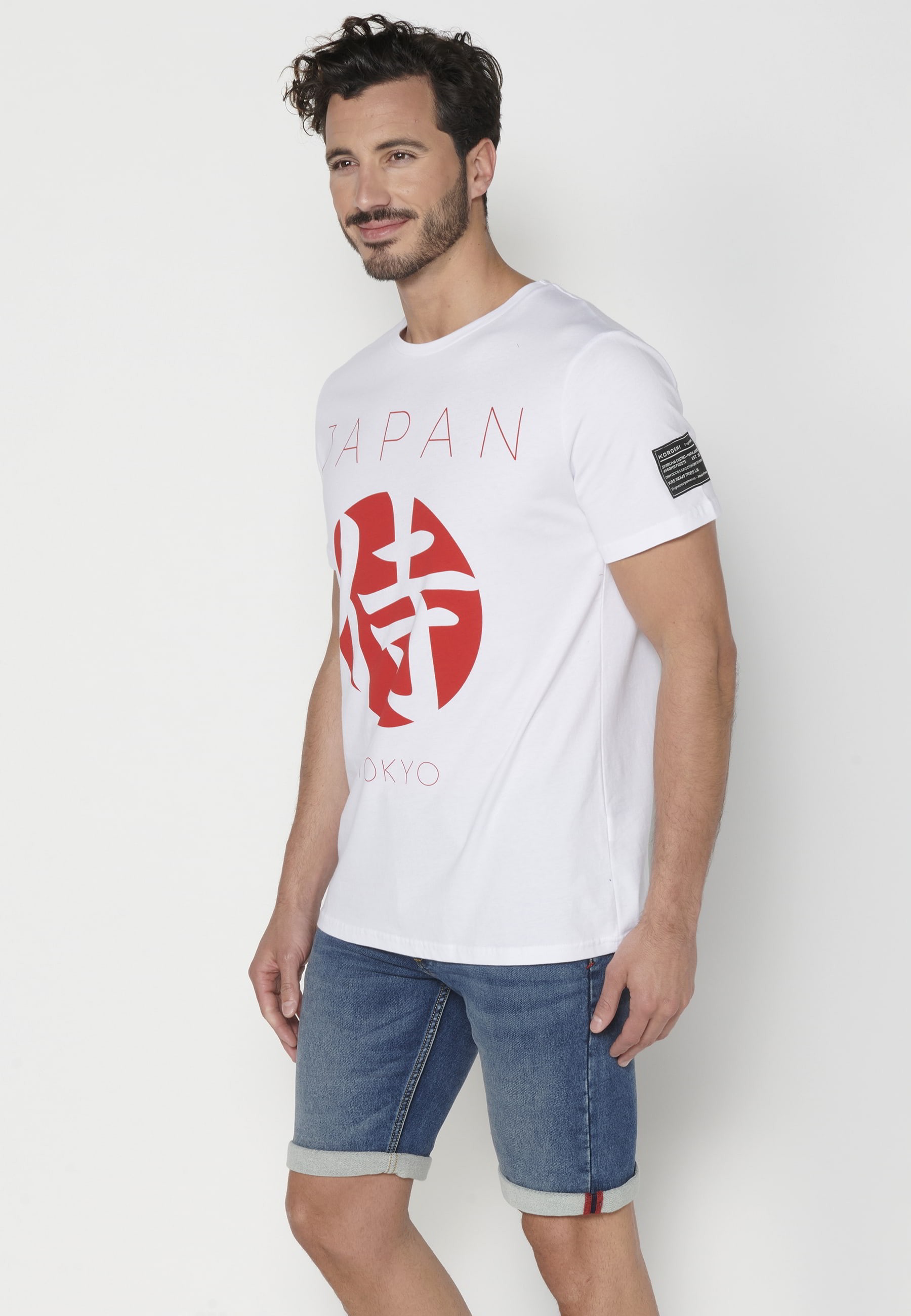 Short-Sleeved Cotton T-shirt with a White Print on the front and sleeves for Men