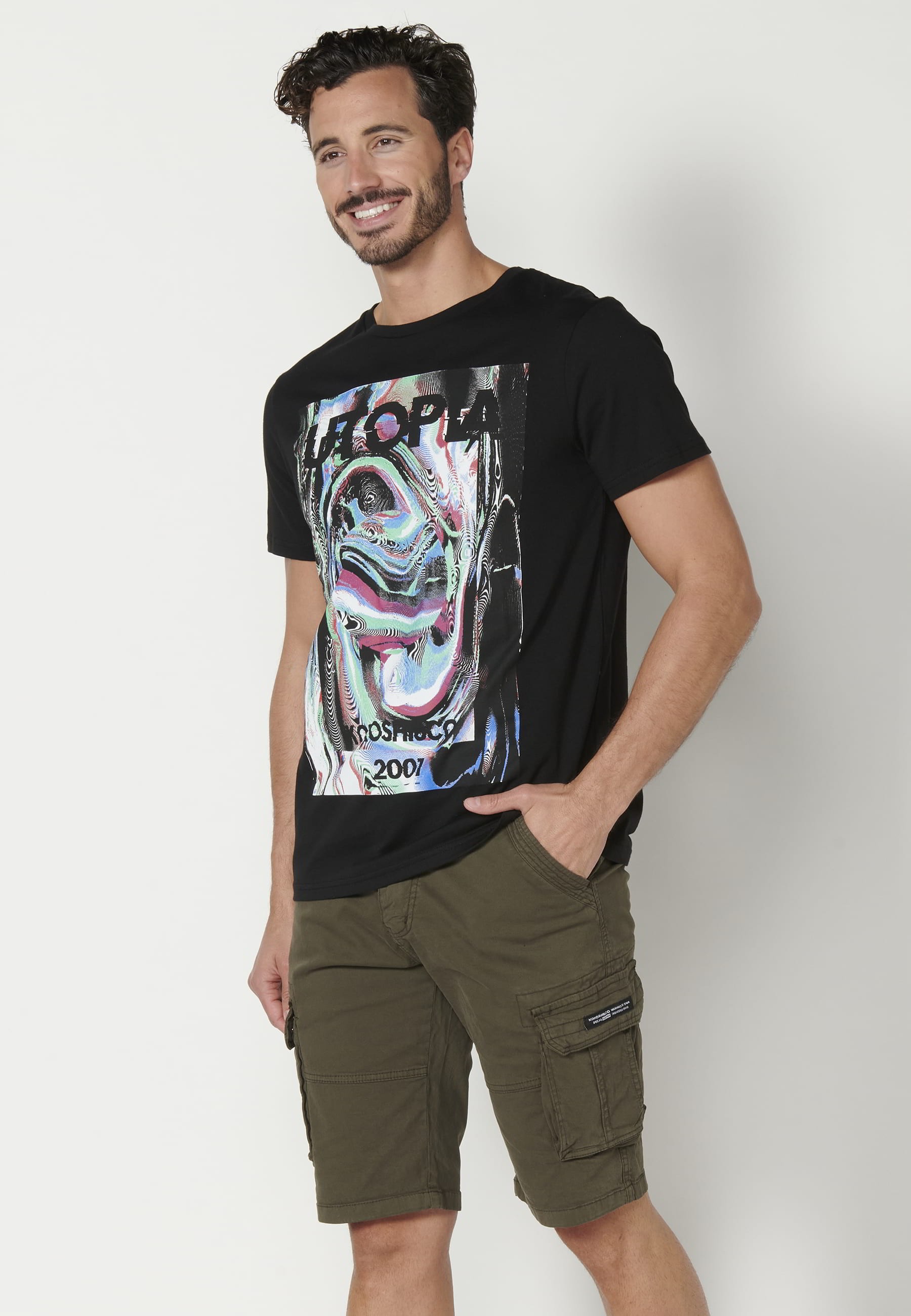 Schwarzes Kurzarm-T-Shirt aus Baumwolle mit Frontdruck für Herren