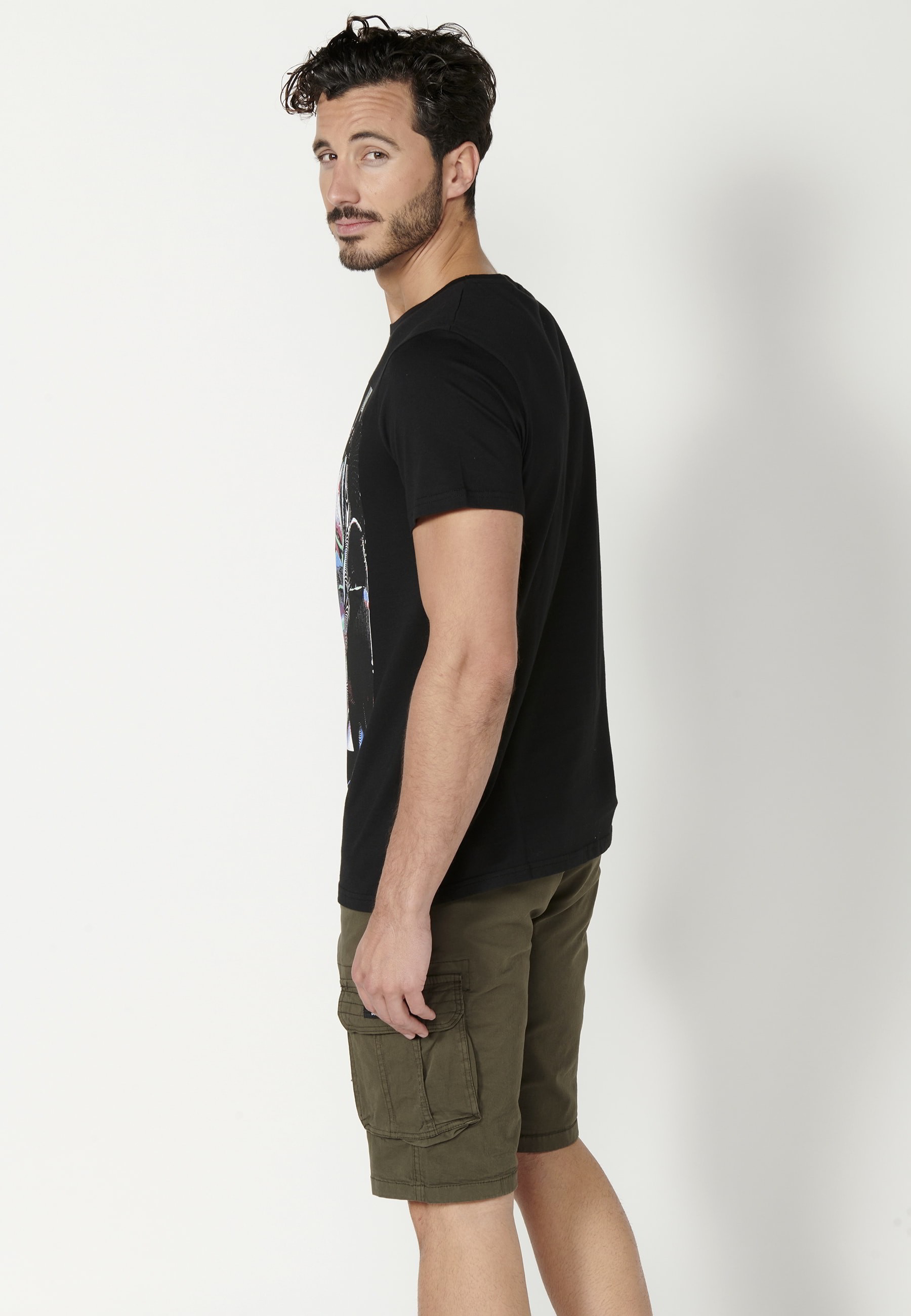 Men's Black Front Print Cotton Short Sleeve T-shirt