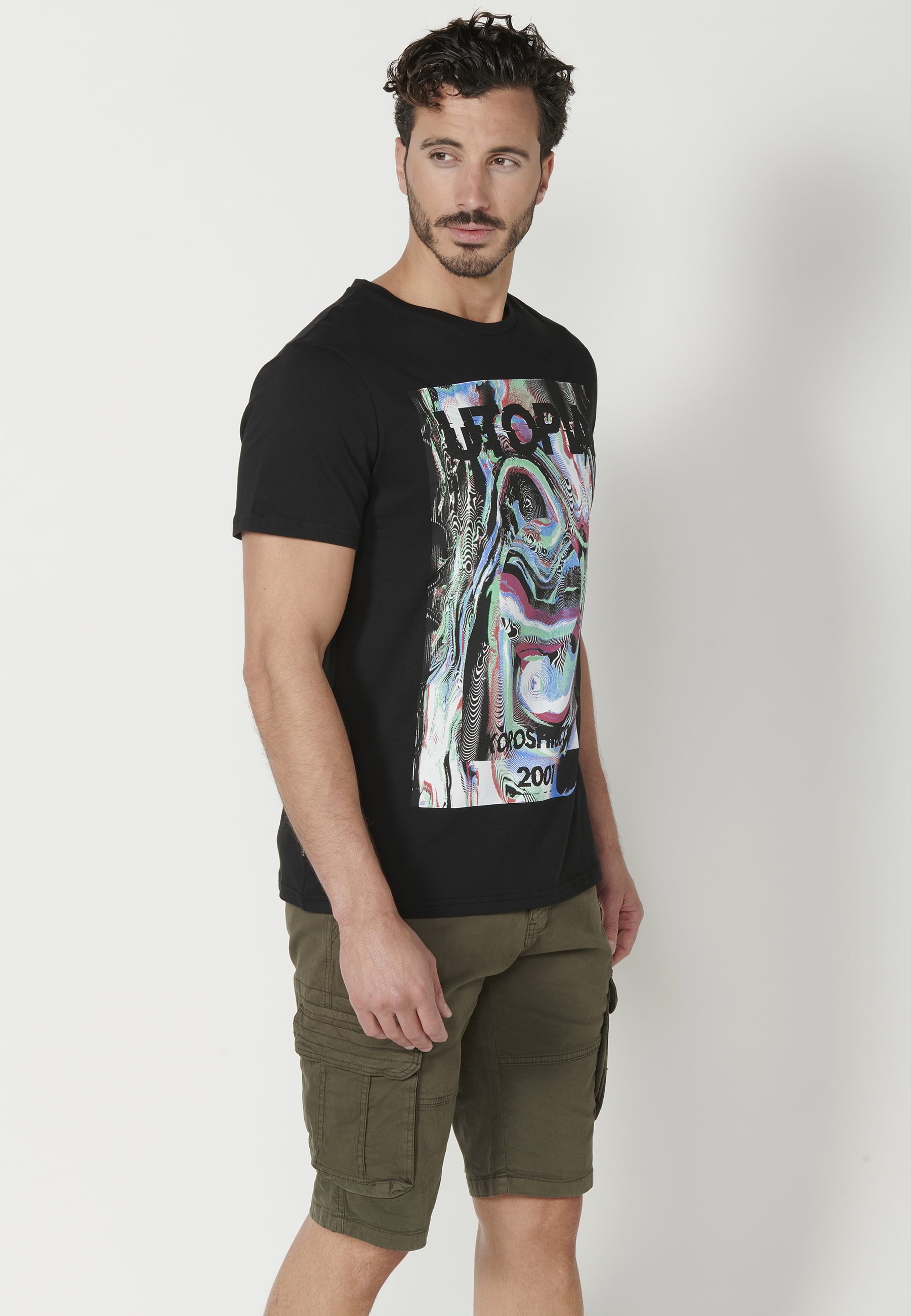 Schwarzes Kurzarm-T-Shirt aus Baumwolle mit Frontdruck für Herren