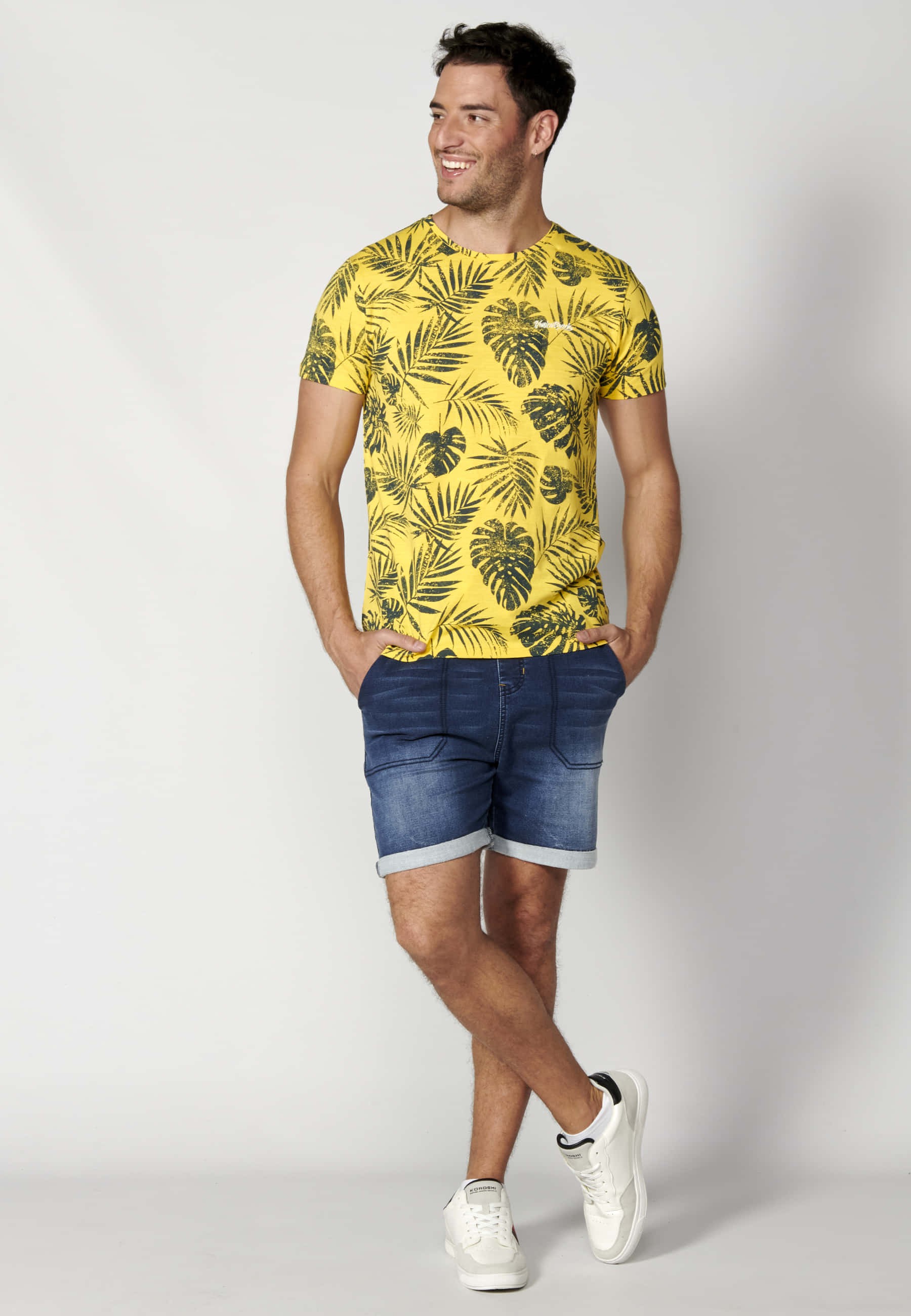 Yellow Cotton Short Sleeve T-shirt for Men