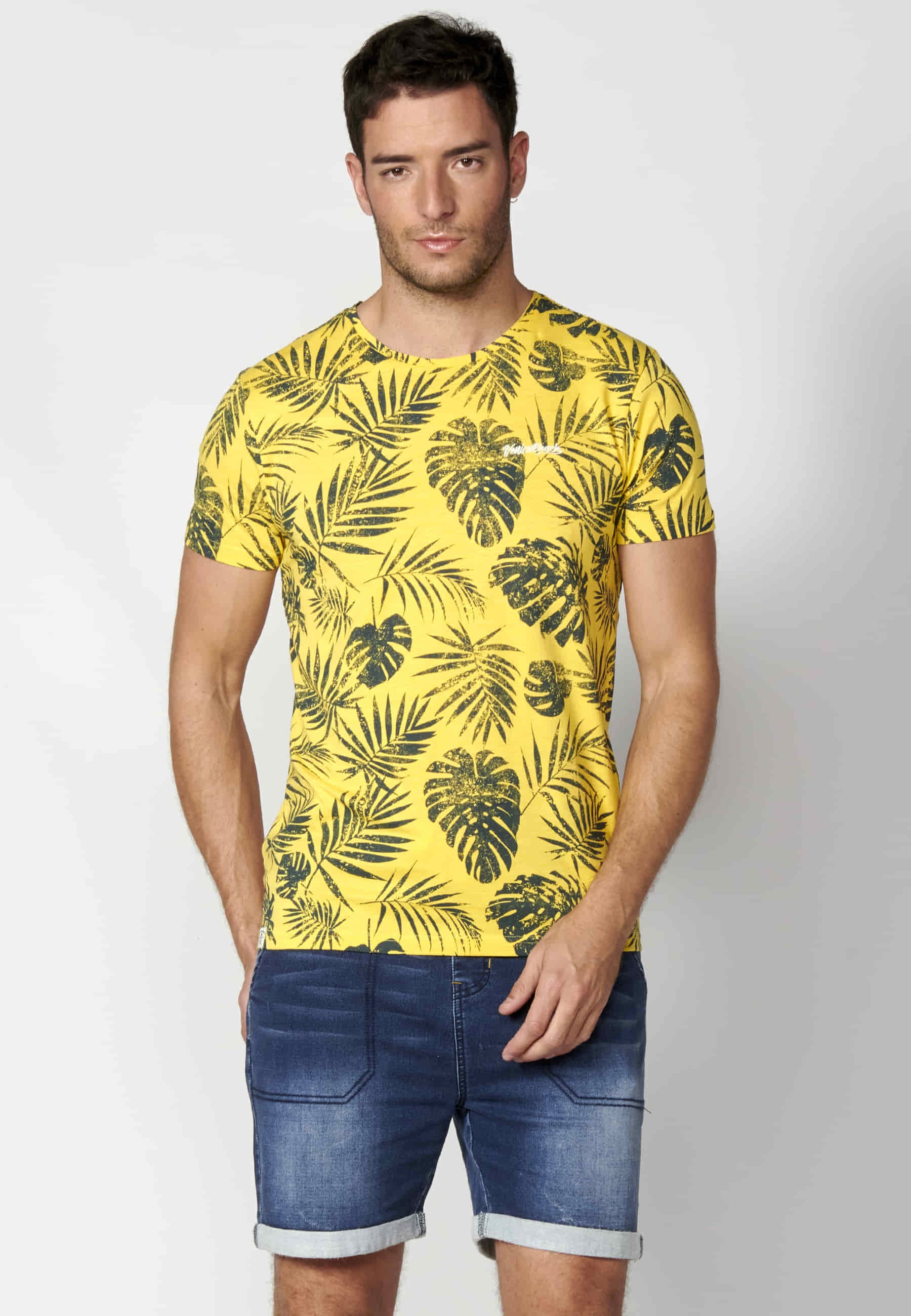 Yellow Cotton Short Sleeve T-shirt for Men