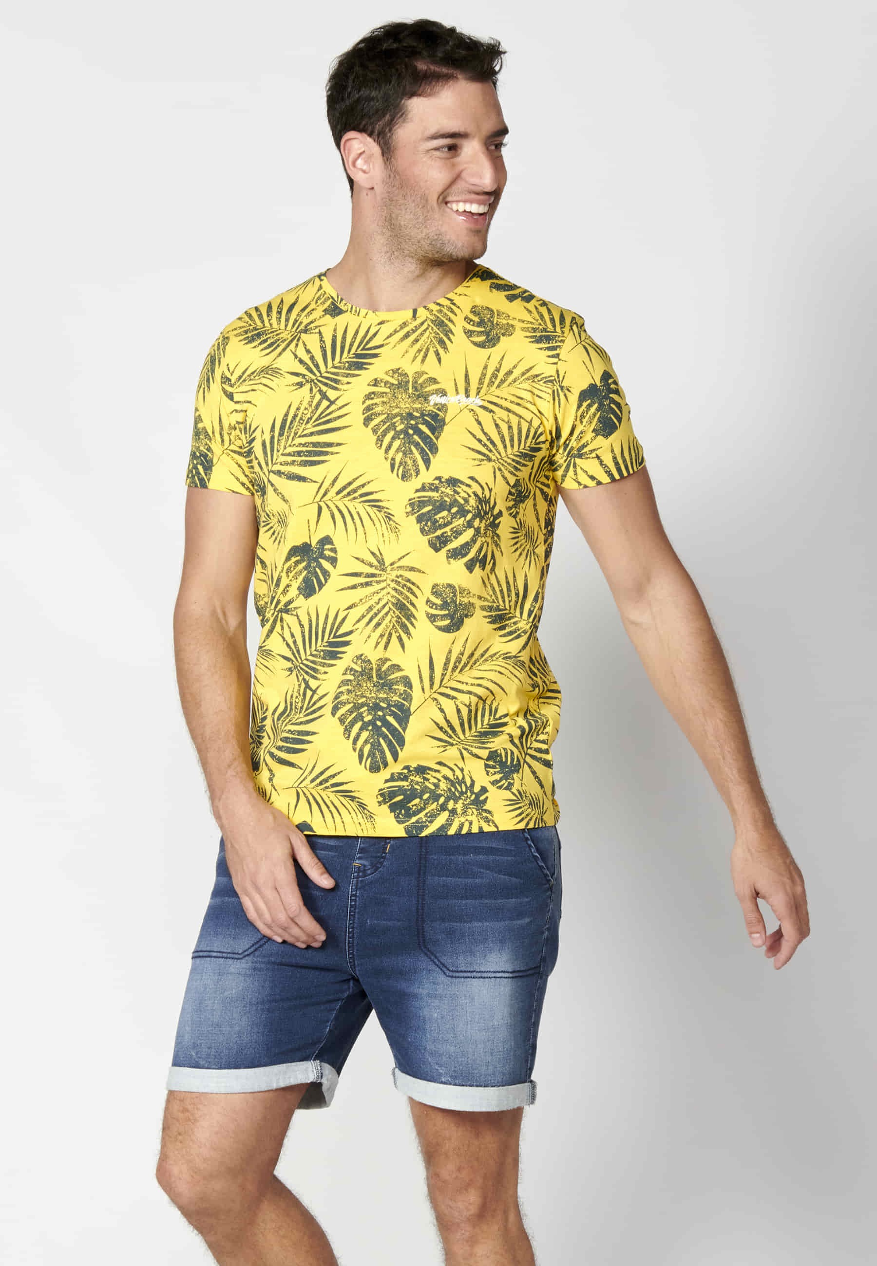 Yellow Cotton Short Sleeve T-shirt for Men