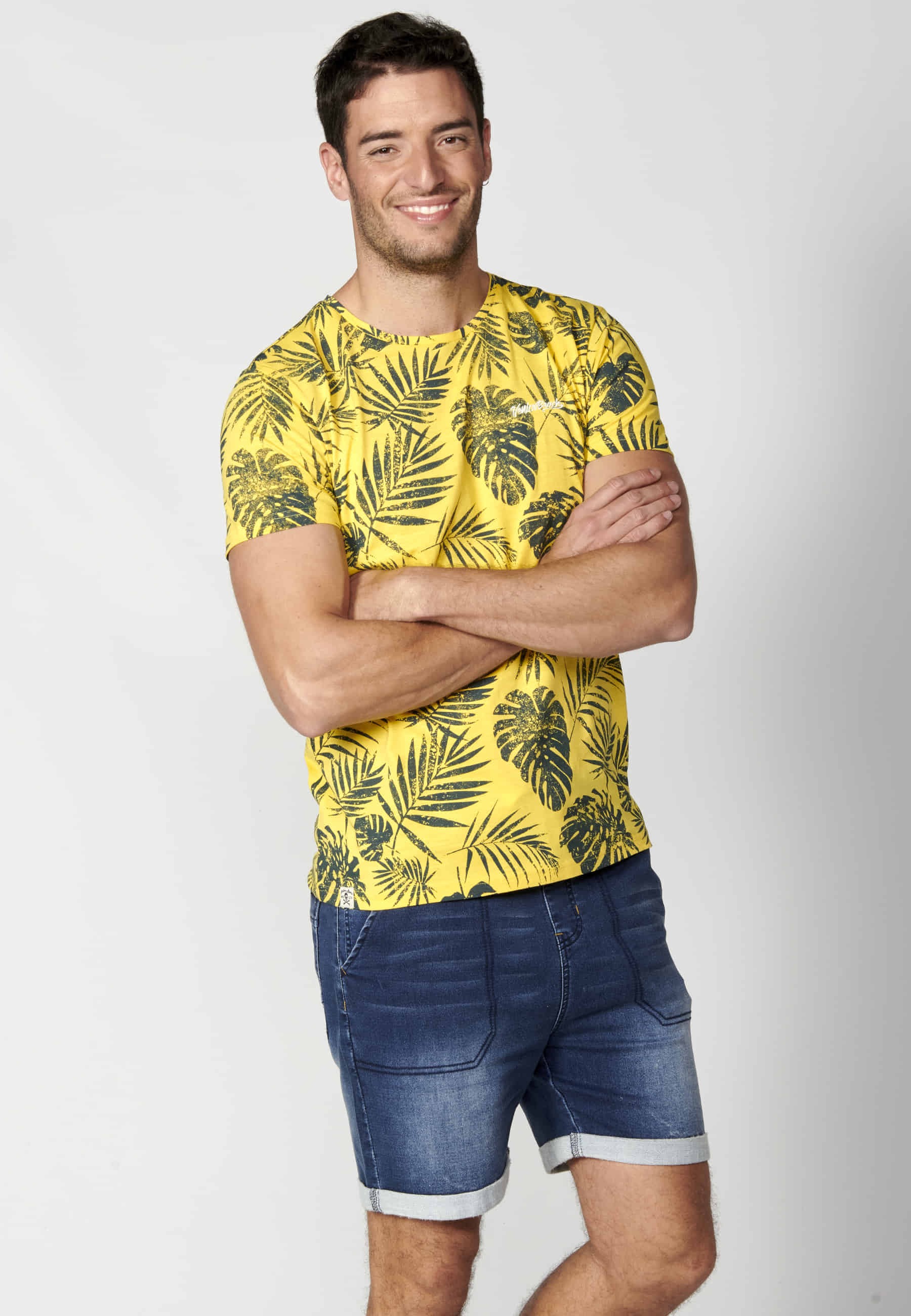 Yellow Cotton Short Sleeve T-shirt for Men