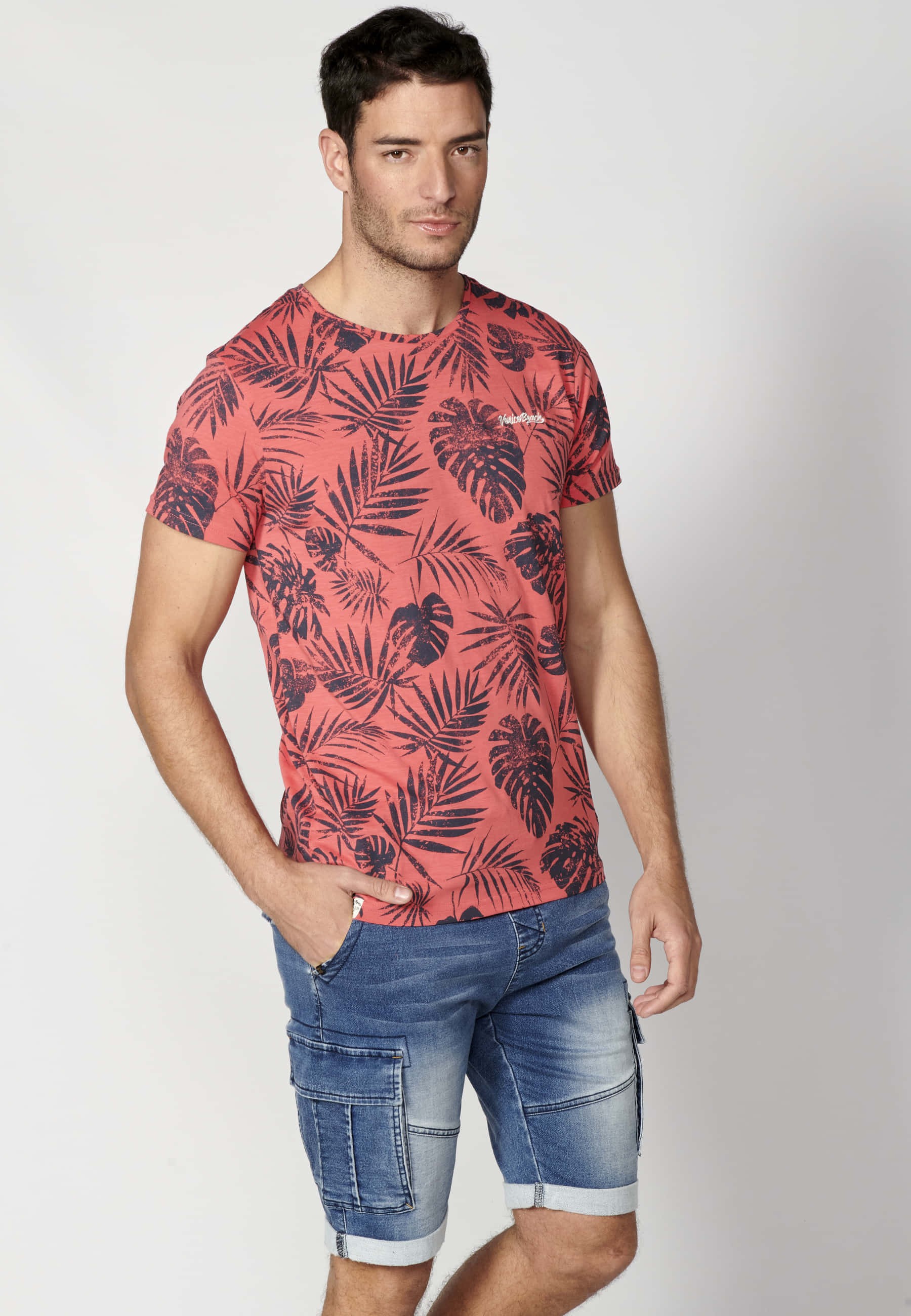 Kurzärmliges T-Shirt aus korallenroter Baumwolle für Herren