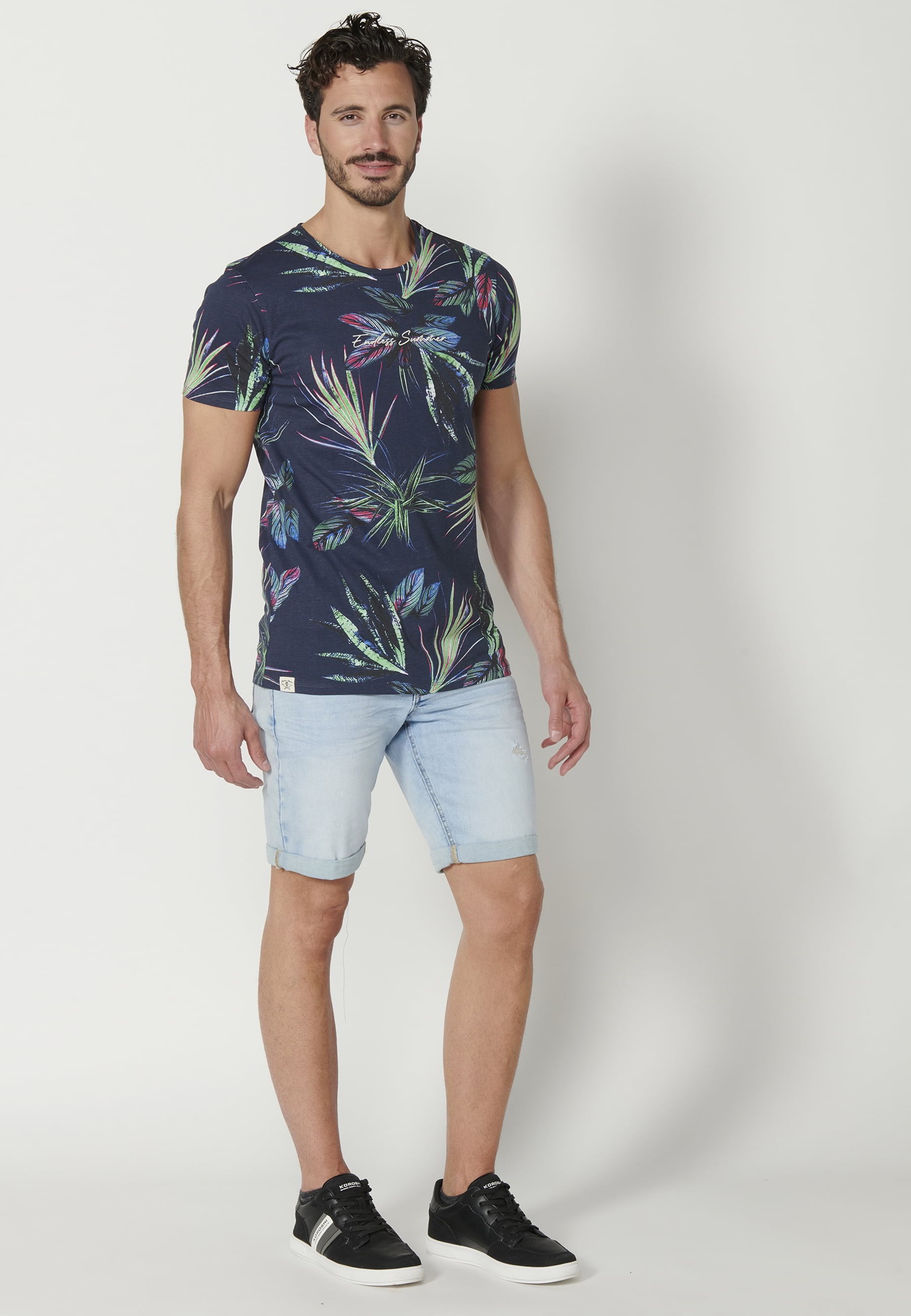 Men's Black Tropical Print Cotton Short Sleeve T-shirt