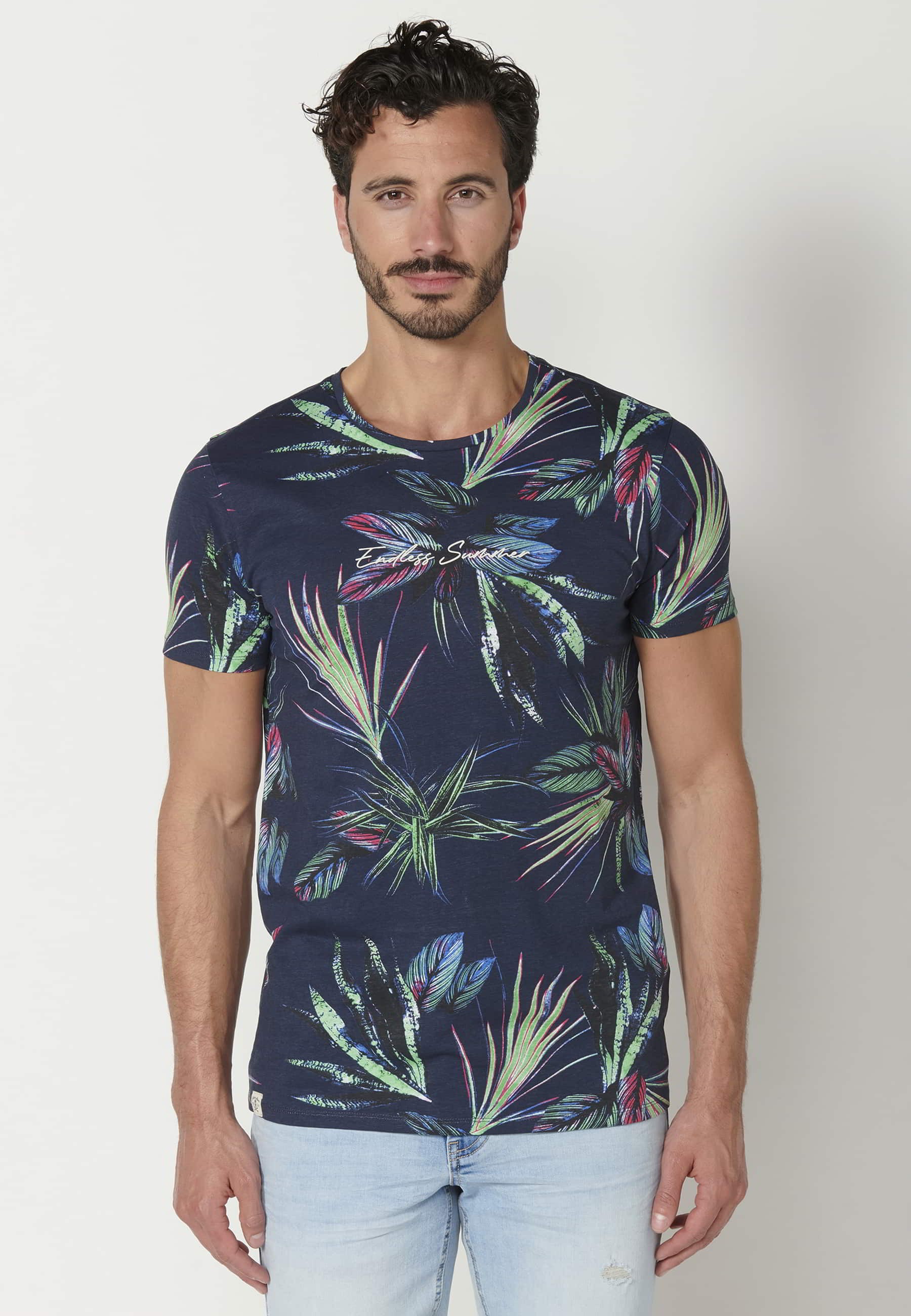 Camiseta de manga corta de Algodón con estampado Tropical color Negro para Hombre