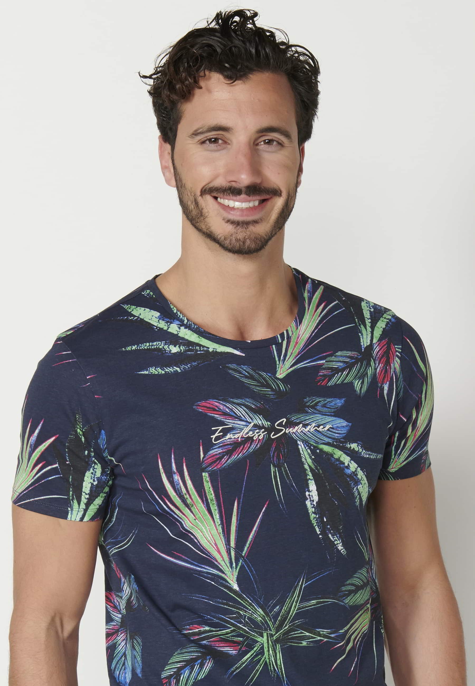 Schwarzes Kurzarm-T-Shirt aus Baumwolle mit tropischem Print für Herren