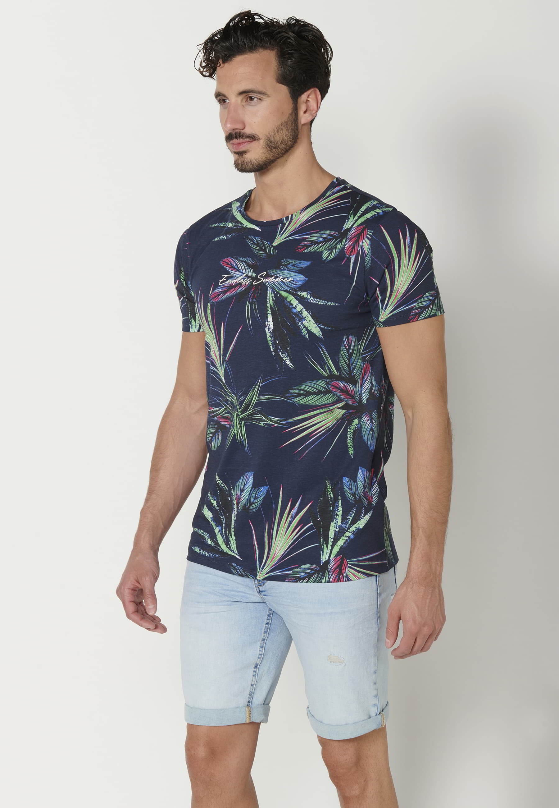 Schwarzes Kurzarm-T-Shirt aus Baumwolle mit tropischem Print für Herren