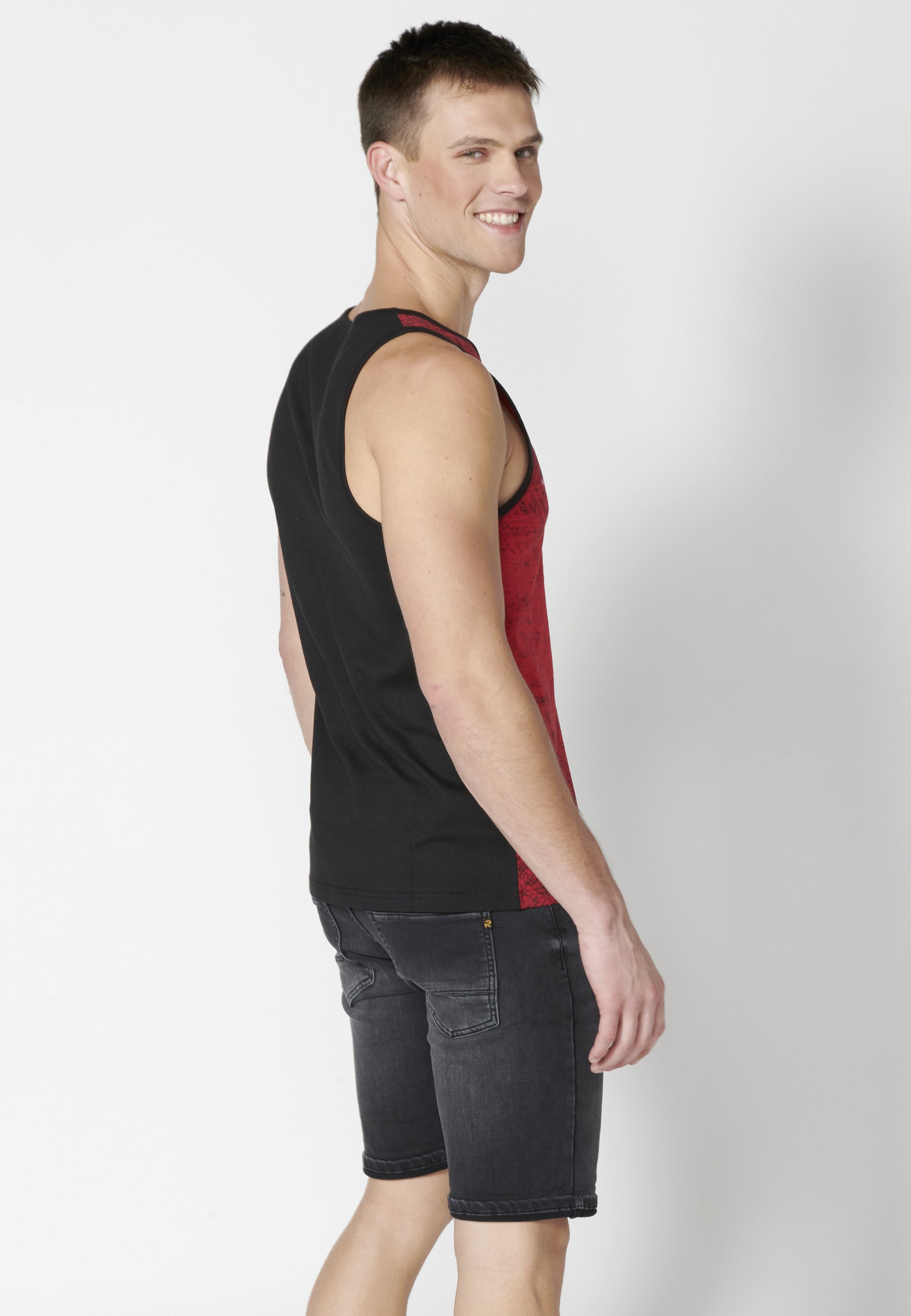 Red Cotton Sleeveless T-shirt with text on the chest for Men