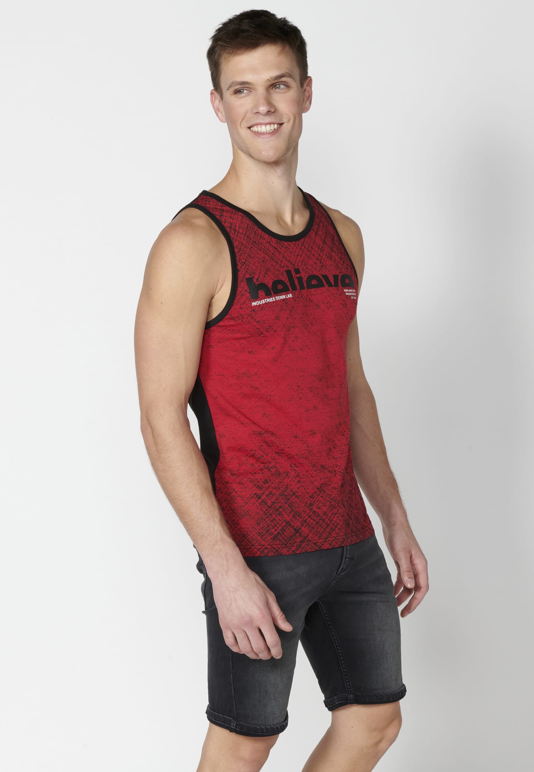 Red Cotton Sleeveless T-shirt with text on the chest for Men