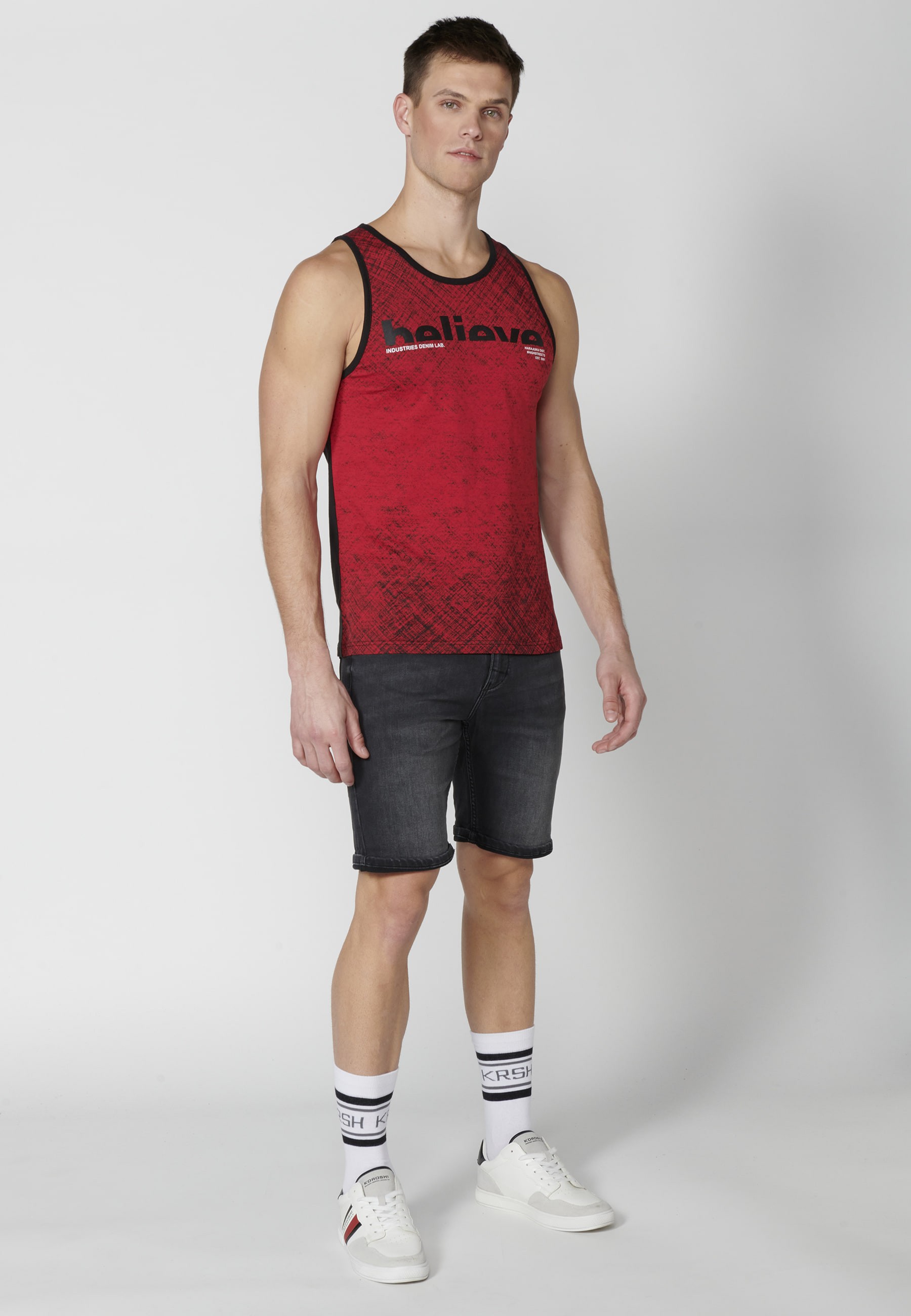 Red Cotton Sleeveless T-shirt with text on the chest for Men