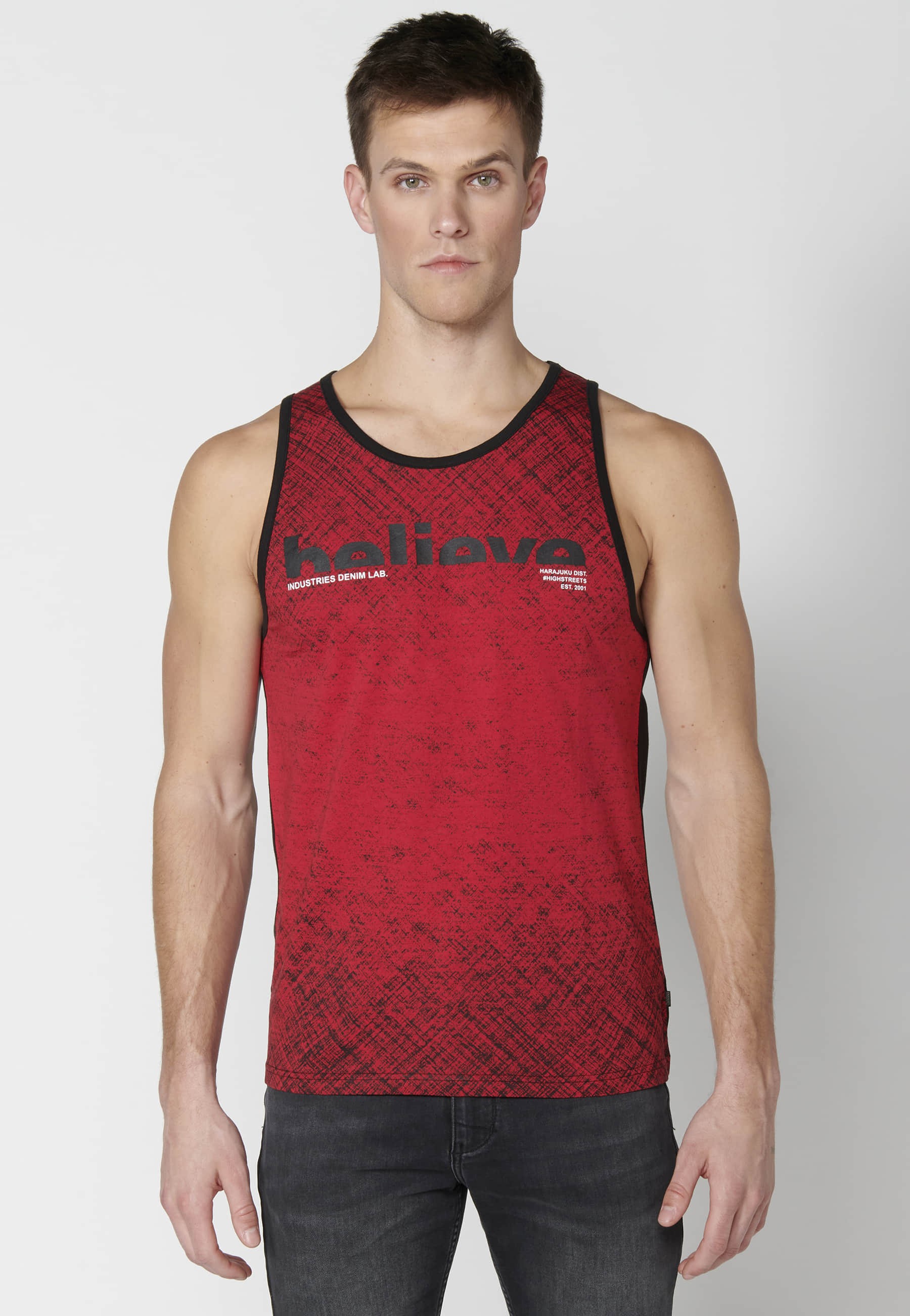 Red Cotton Sleeveless T-shirt with text on the chest for Men