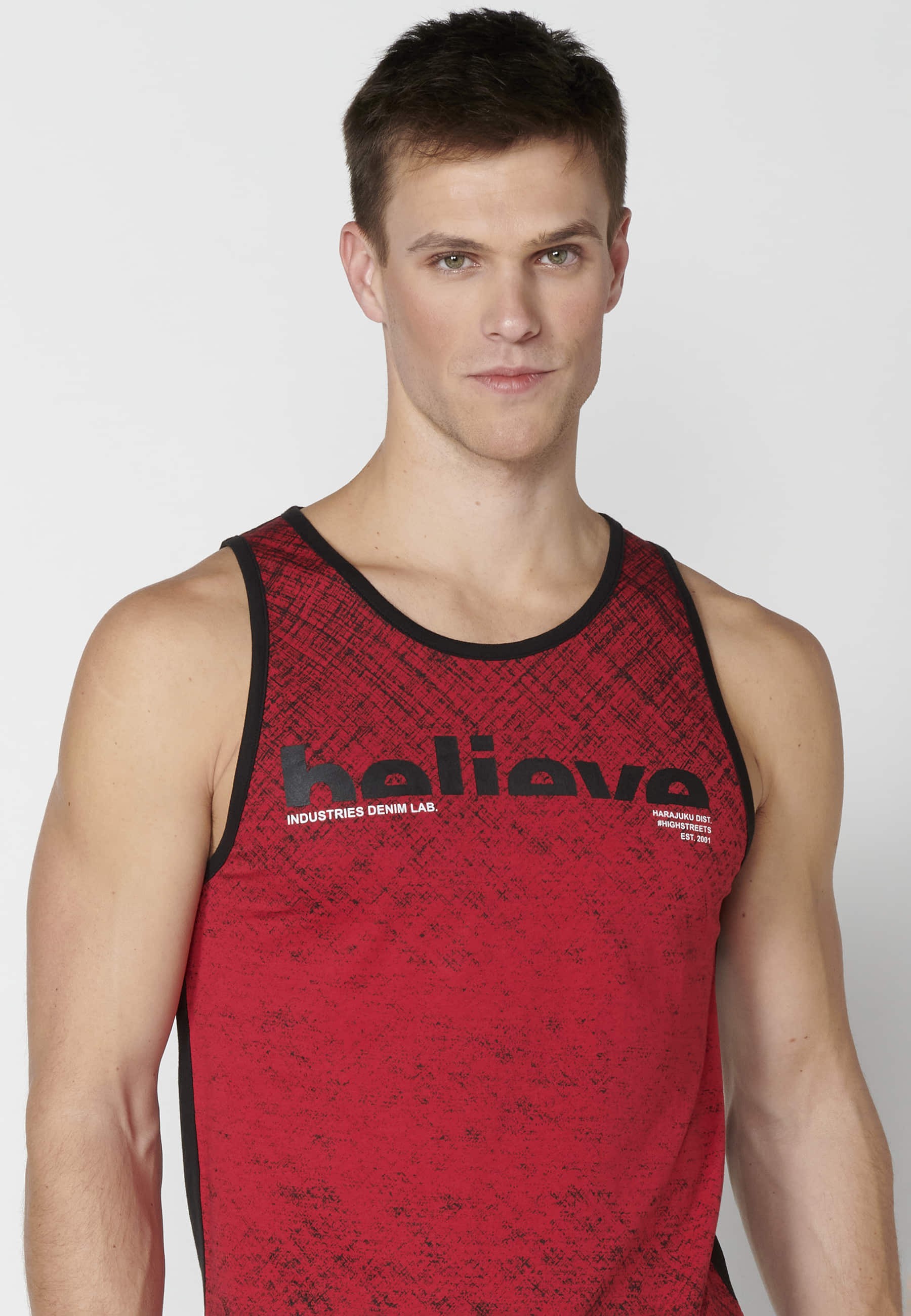 Red Cotton Sleeveless T-shirt with text on the chest for Men
