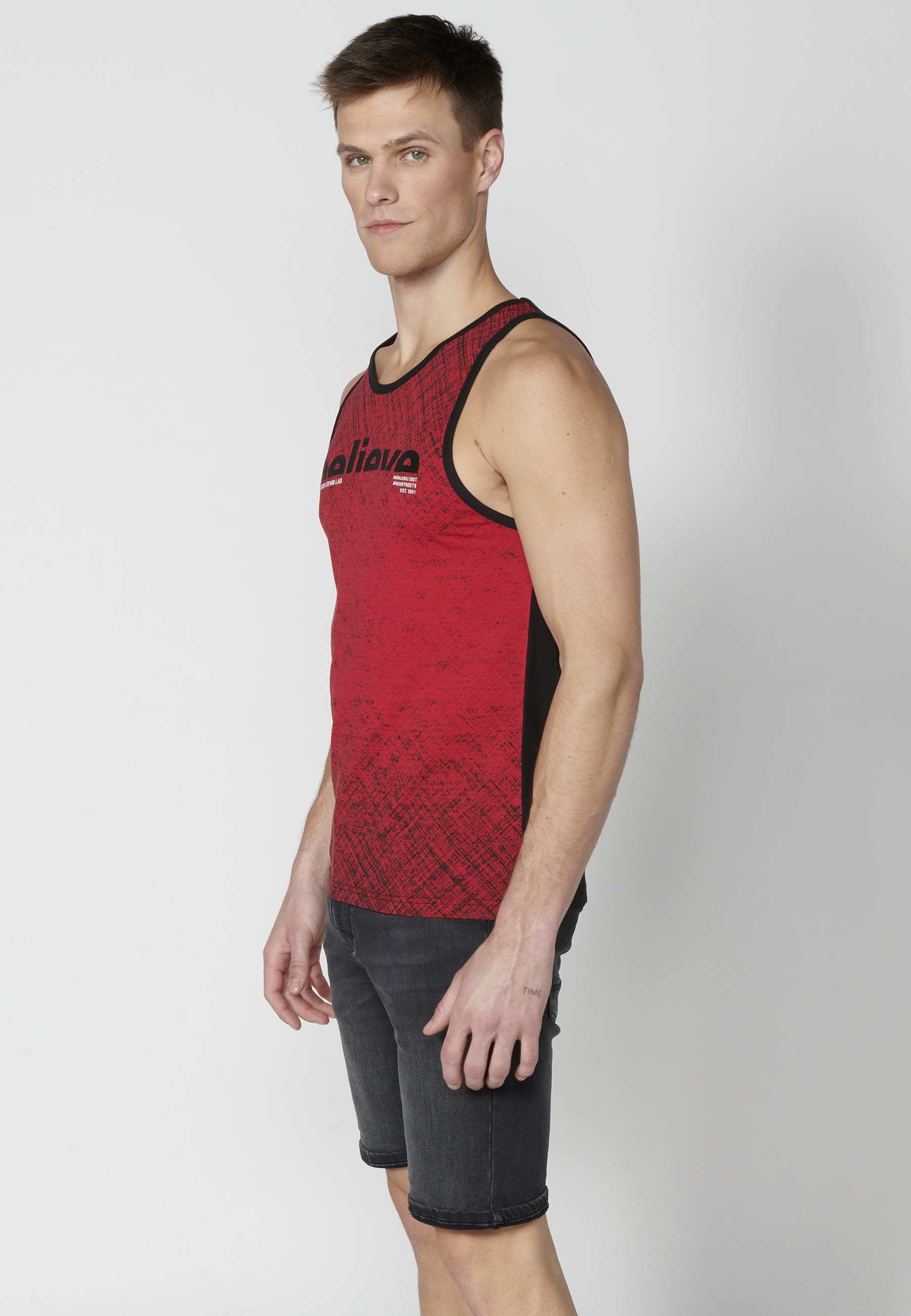 Red Cotton Sleeveless T-shirt with text on the chest for Men