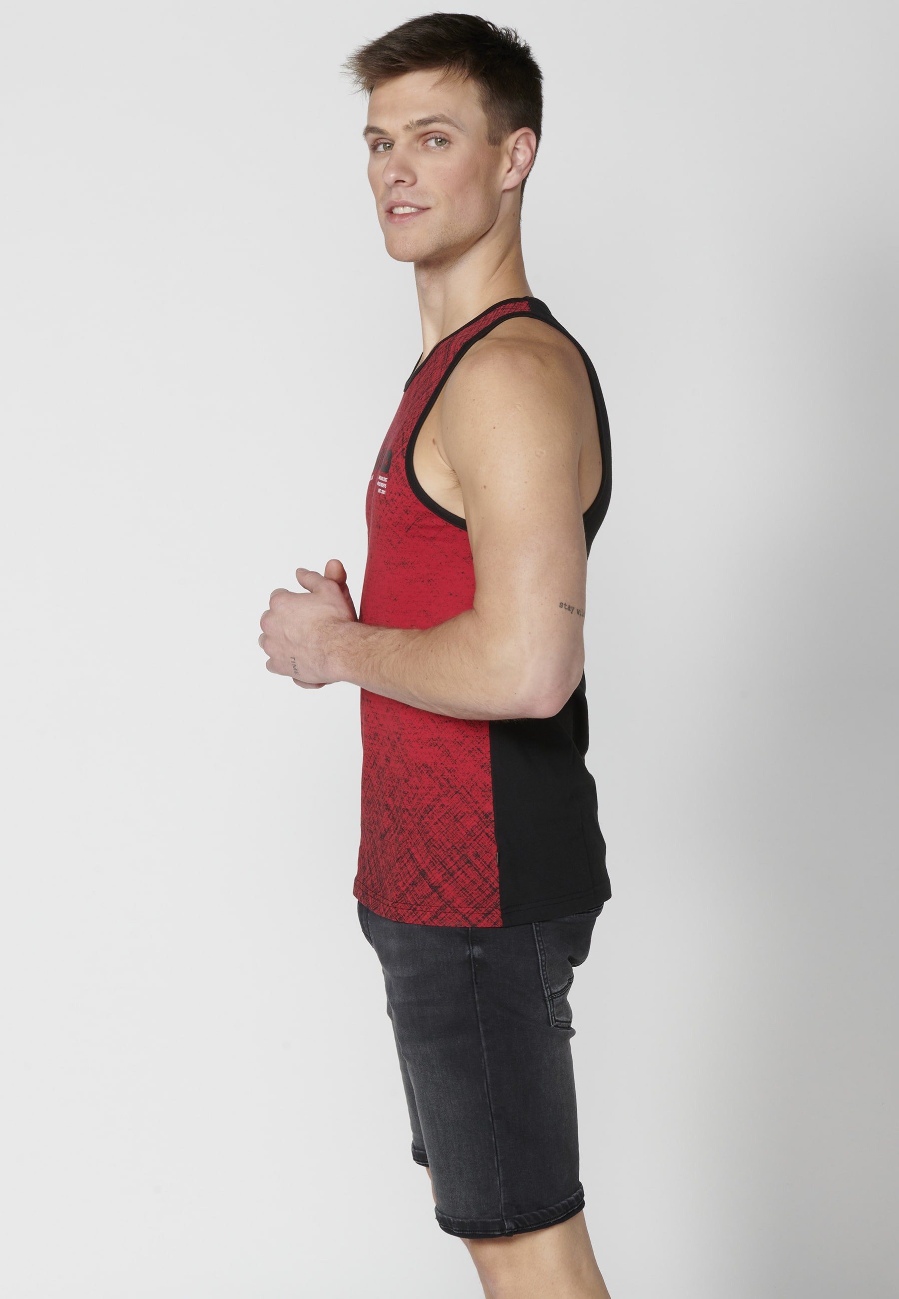 Red Cotton Sleeveless T-shirt with text on the chest for Men