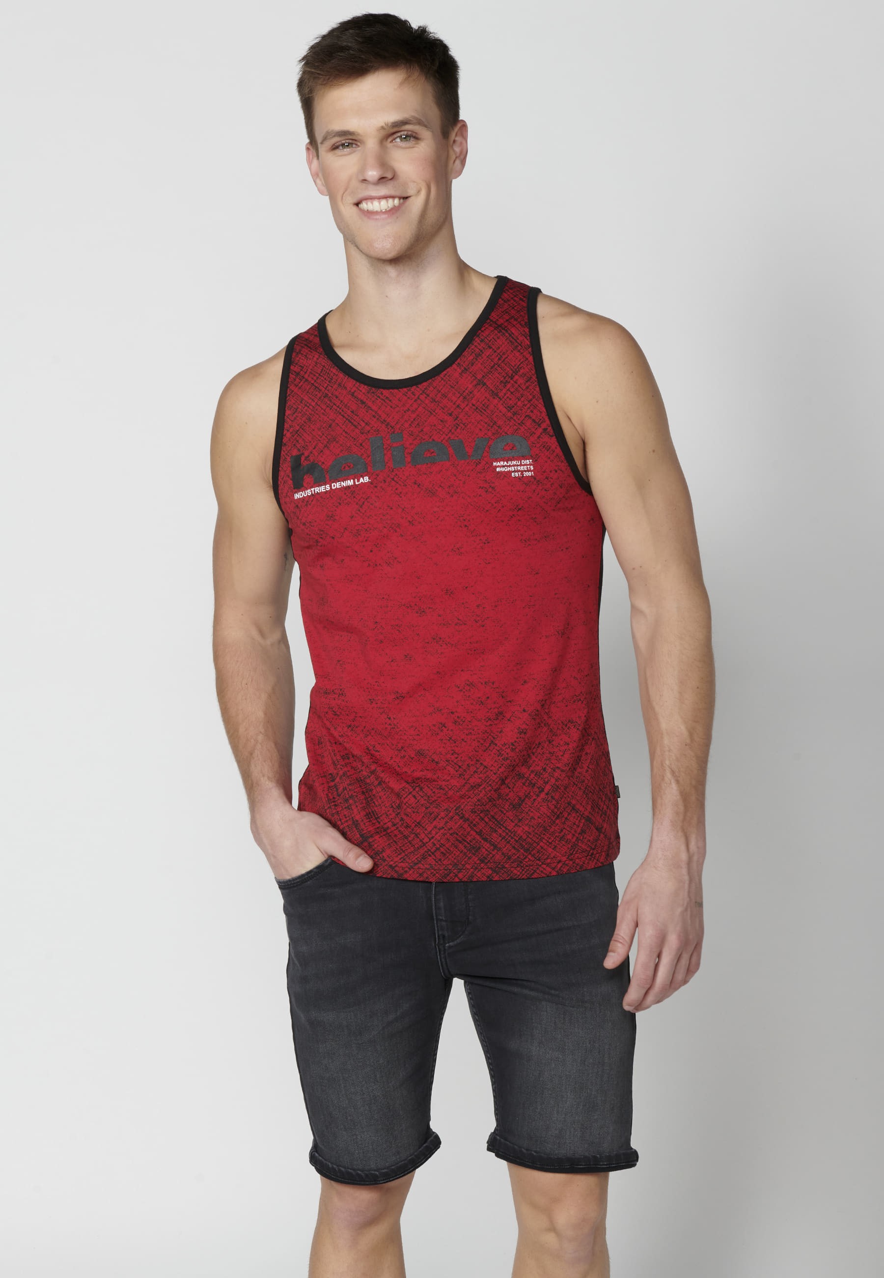 Red Cotton Sleeveless T-shirt with text on the chest for Men