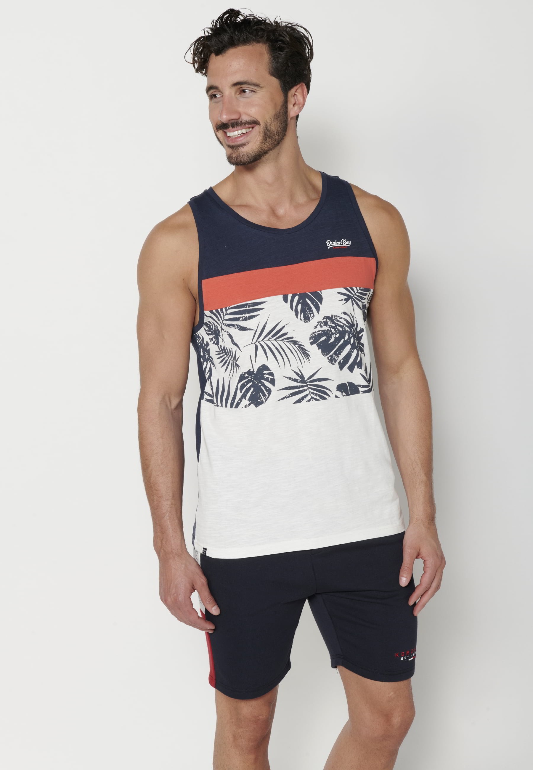 Marineblaues Baumwoll-Tanktop mit Frontdruck für Herren