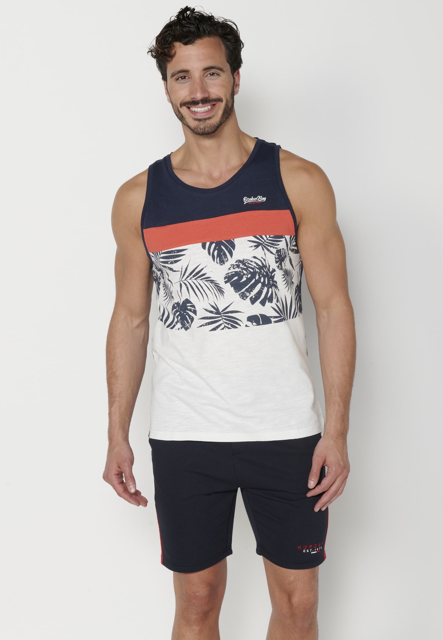 Marineblaues Baumwoll-Tanktop mit Frontdruck für Herren