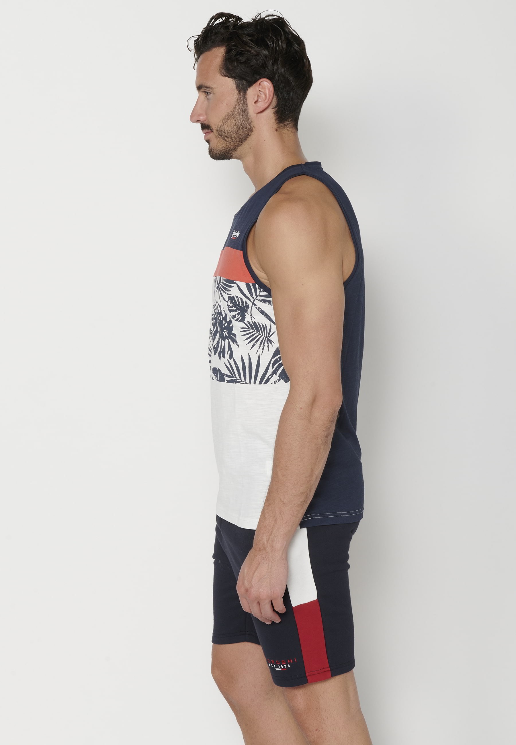 Men's Navy Front Print Cotton Tank Top