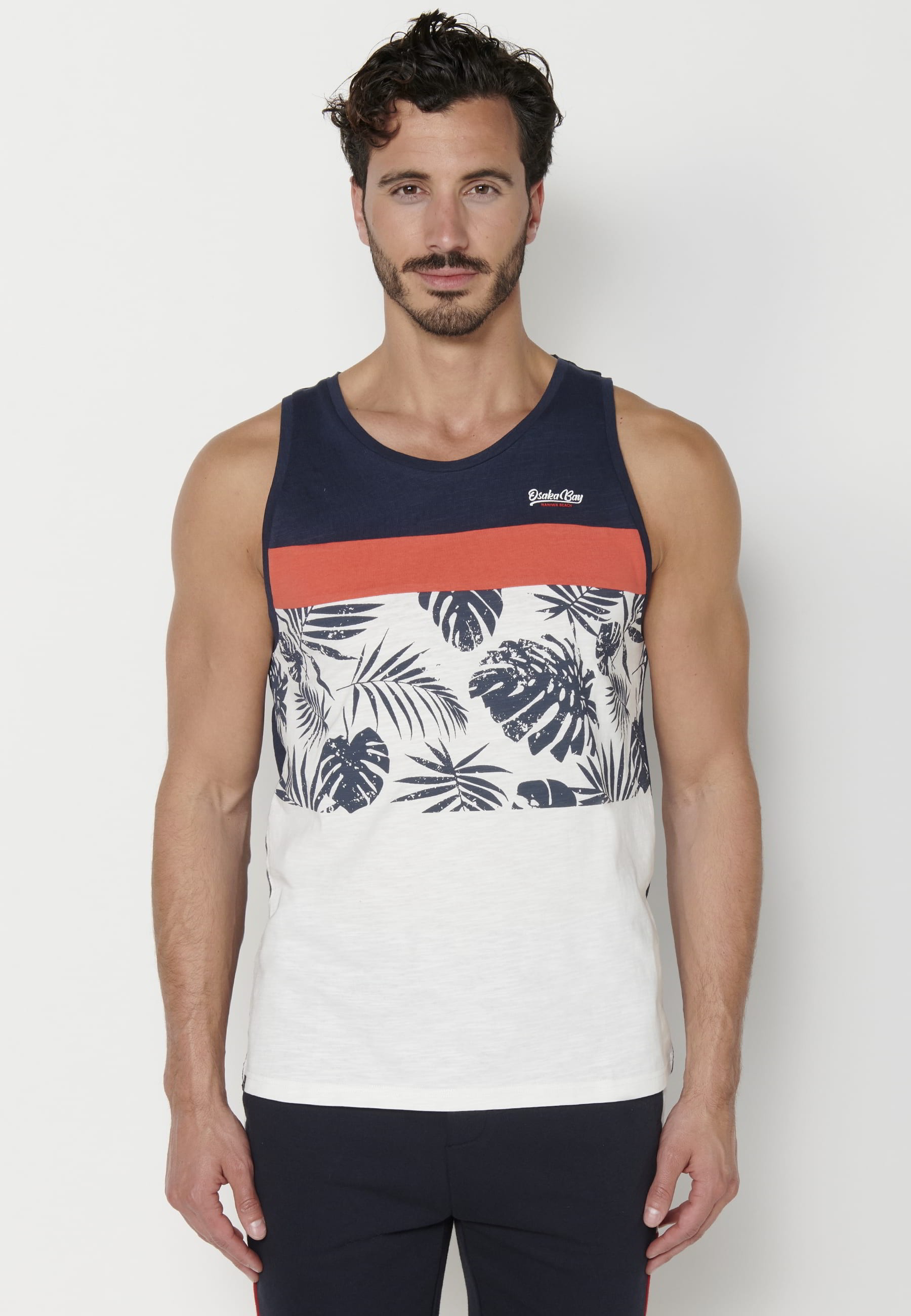 Men's Navy Front Print Cotton Tank Top