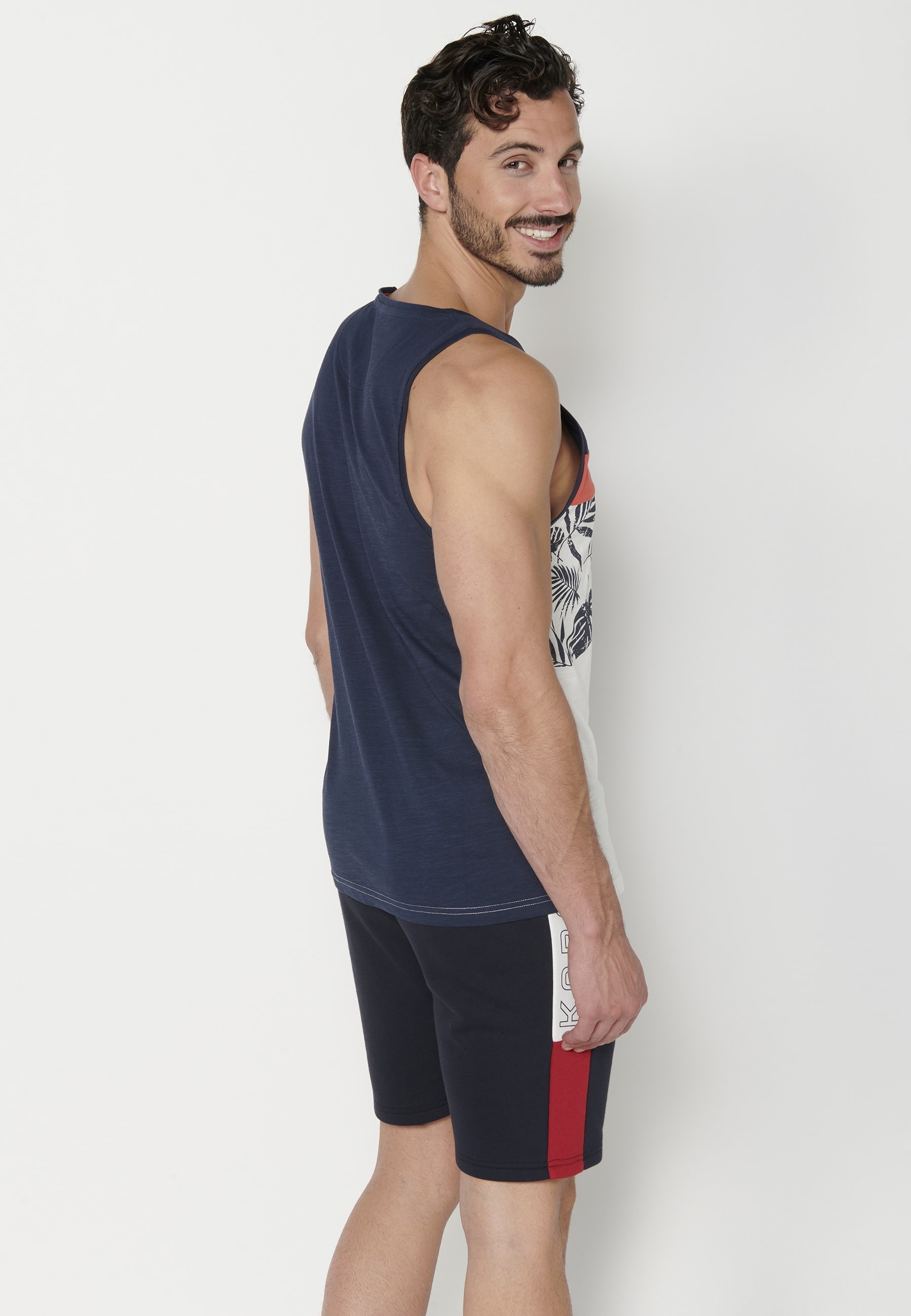 Men's Navy Front Print Cotton Tank Top