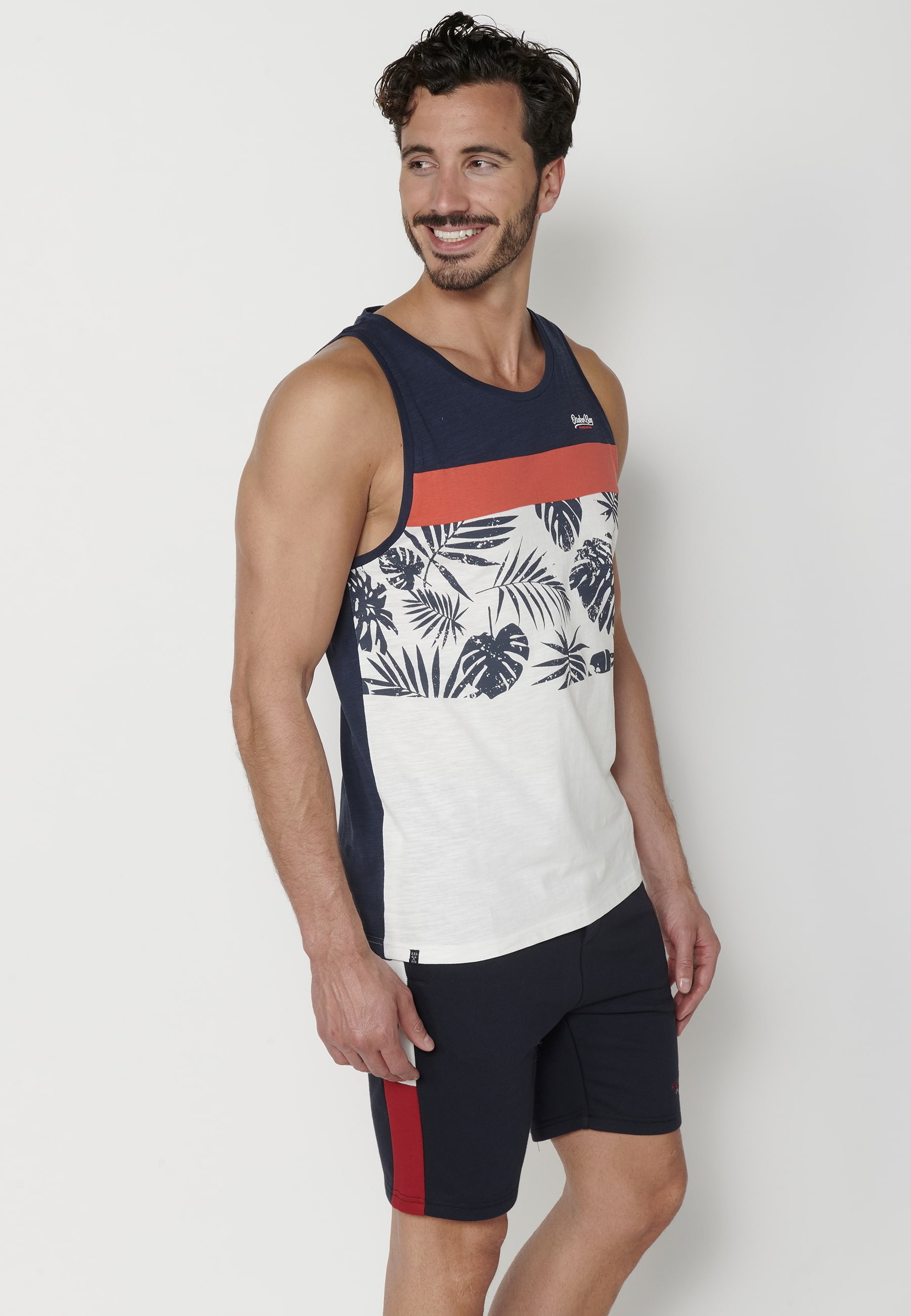 Marineblaues Baumwoll-Tanktop mit Frontdruck für Herren