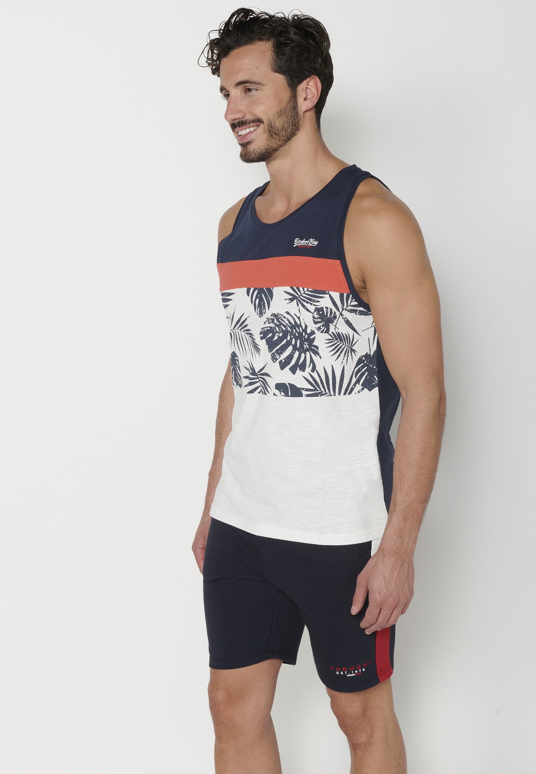 Marineblaues Baumwoll-Tanktop mit Frontdruck für Herren