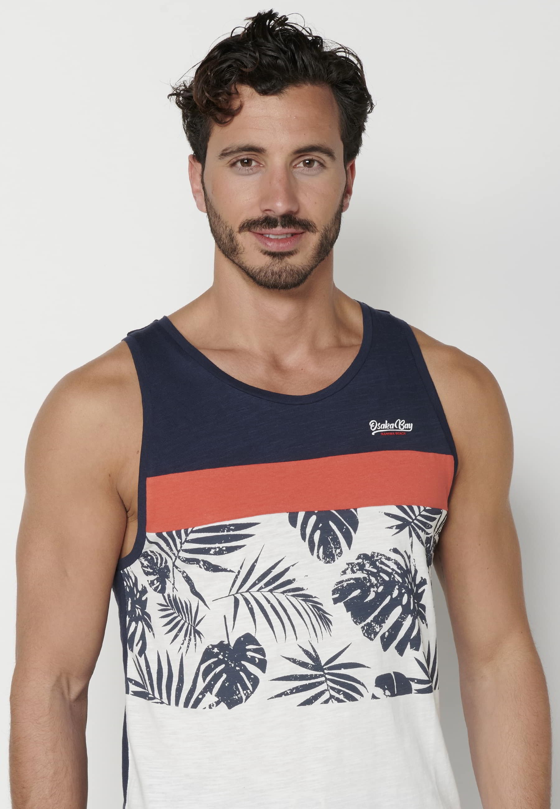 Men's Navy Front Print Cotton Tank Top