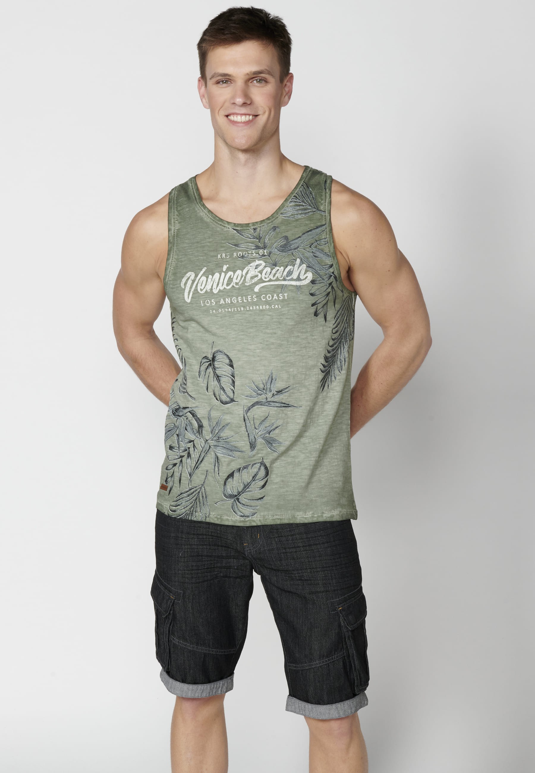Camiseta sin mangas de Algodón con estampado en el pecho color Kaki para Hombre