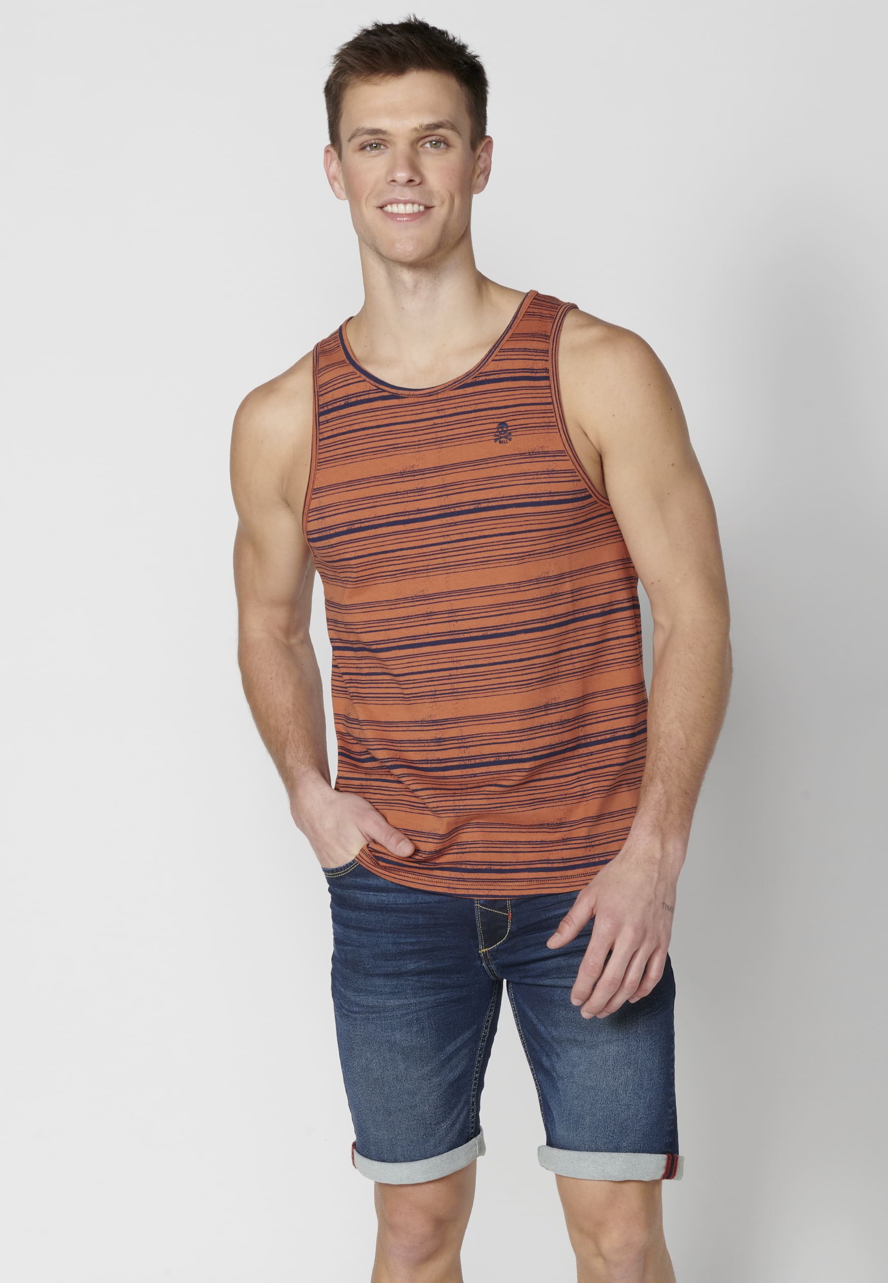 Men's Rust Color Striped Printed Cotton Tank Top