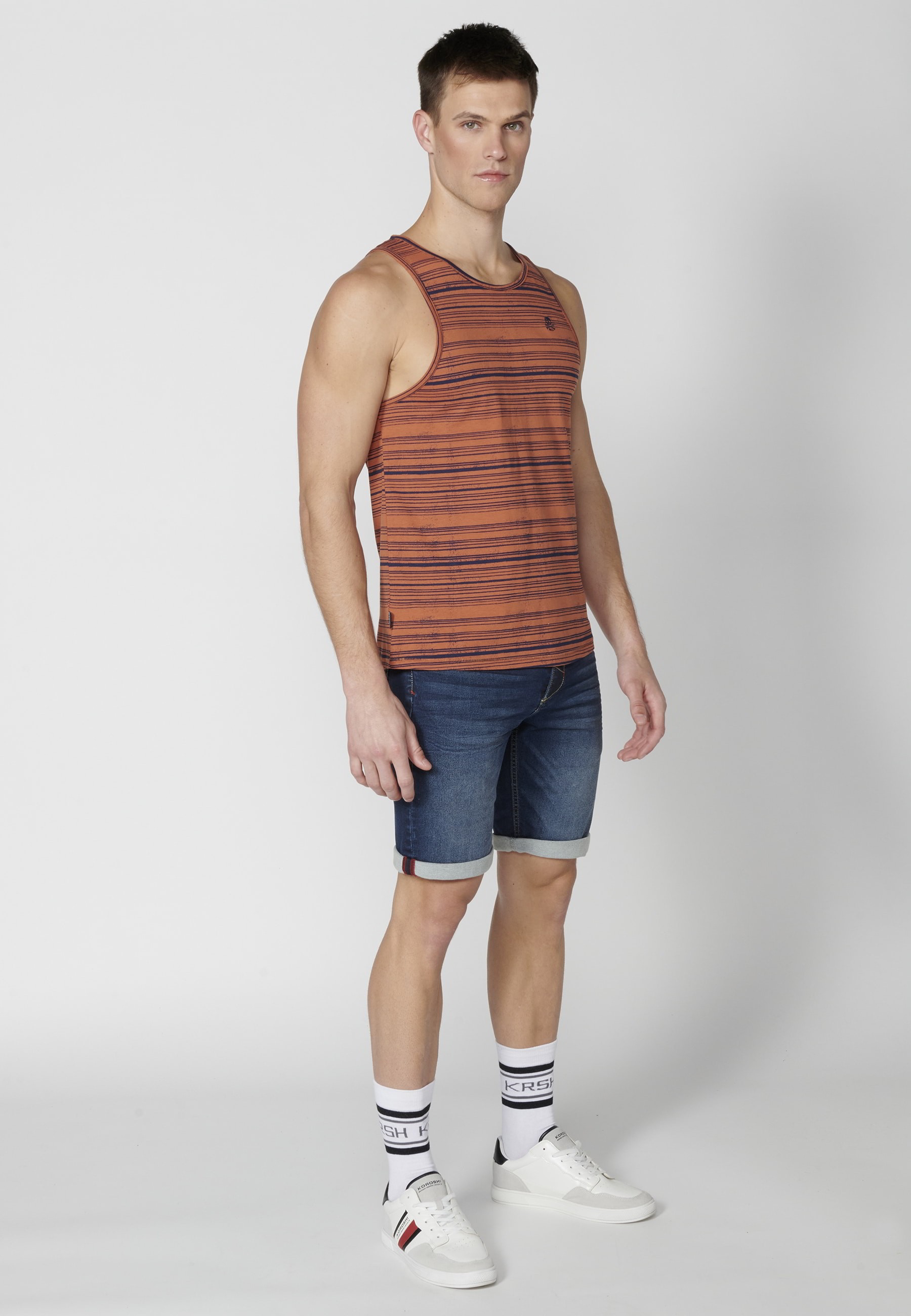 Men's Rust Color Striped Printed Cotton Tank Top