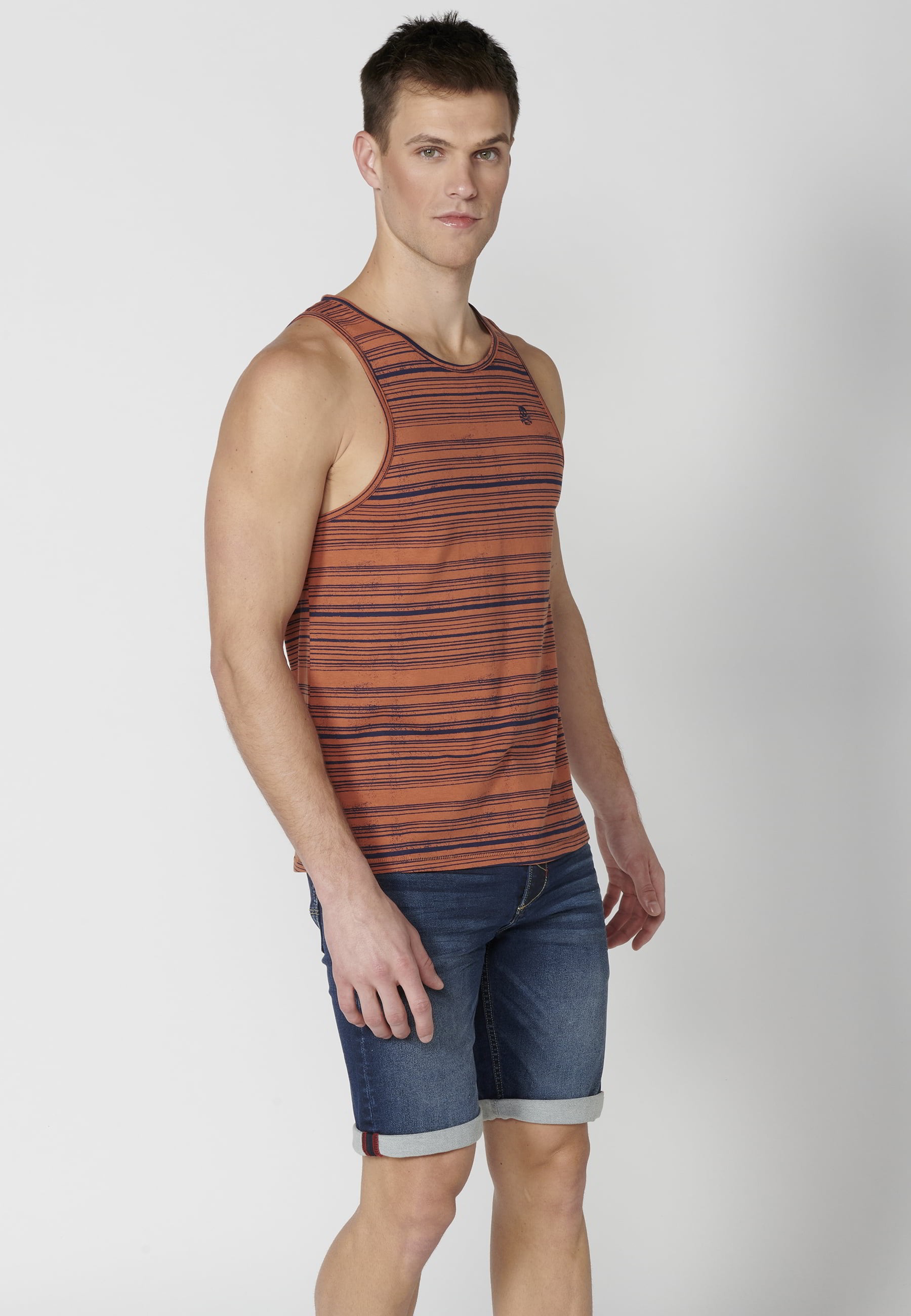 Men's Rust Color Striped Printed Cotton Tank Top