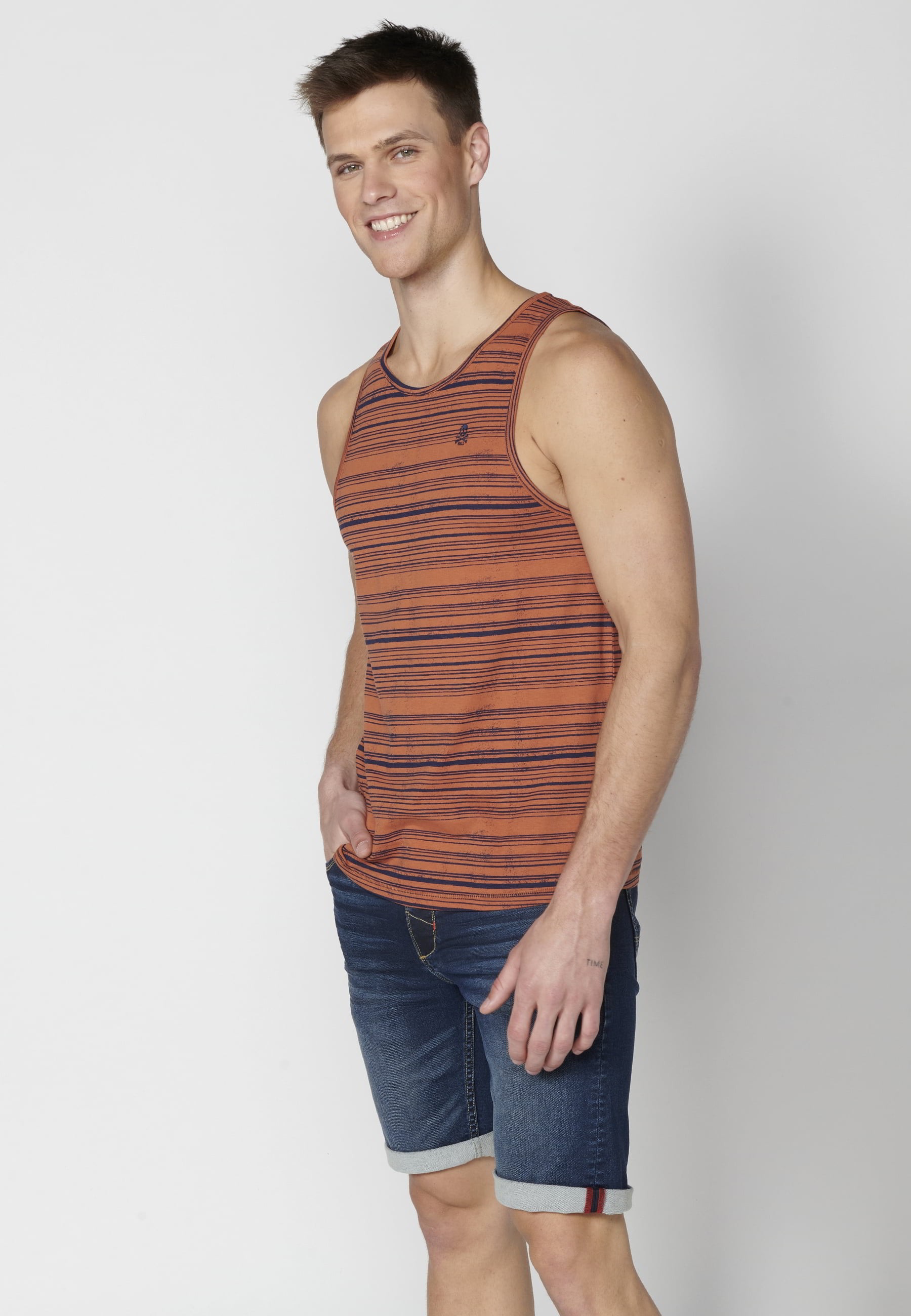 Men's Rust Color Striped Printed Cotton Tank Top