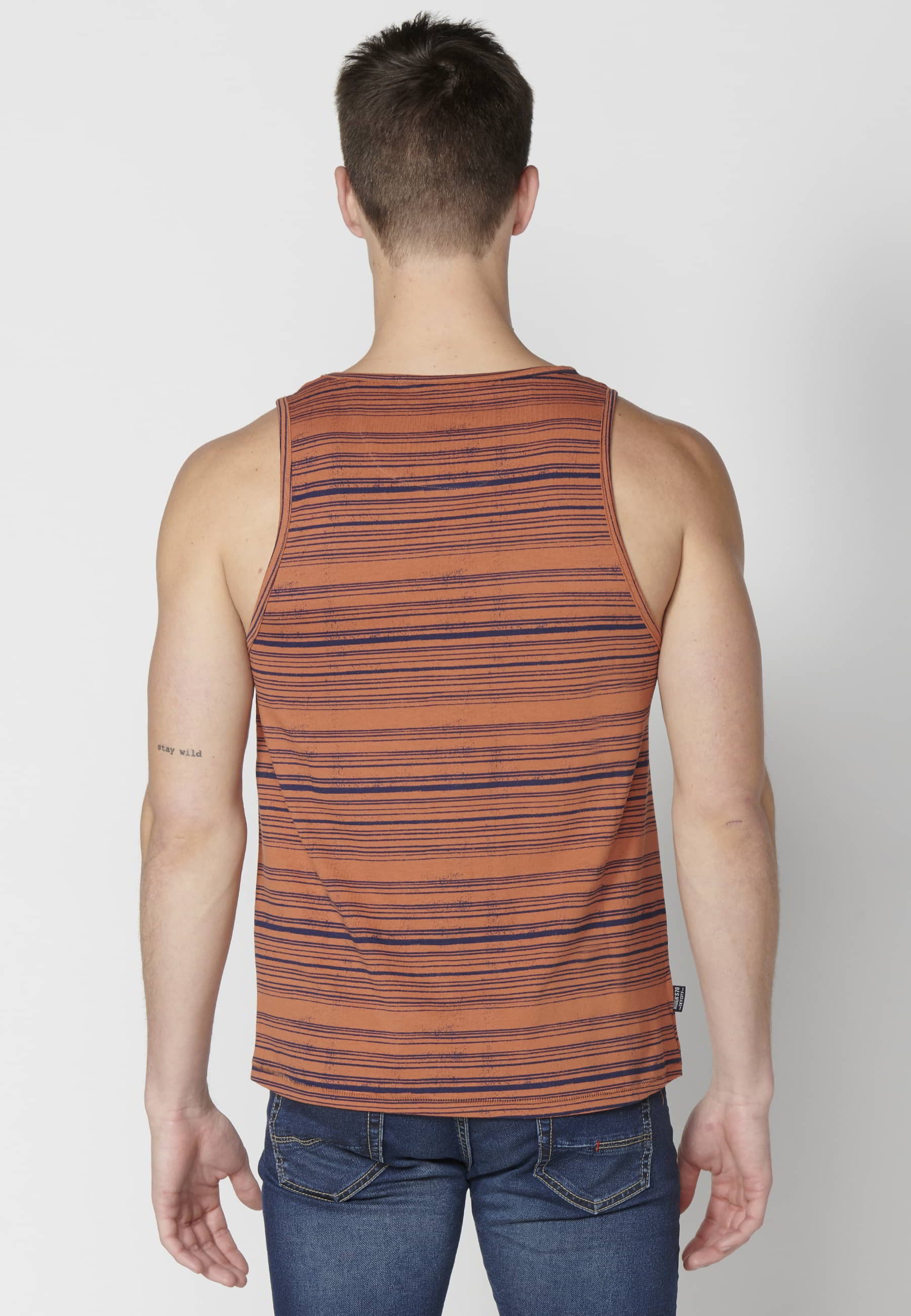 Men's Rust Color Striped Printed Cotton Tank Top