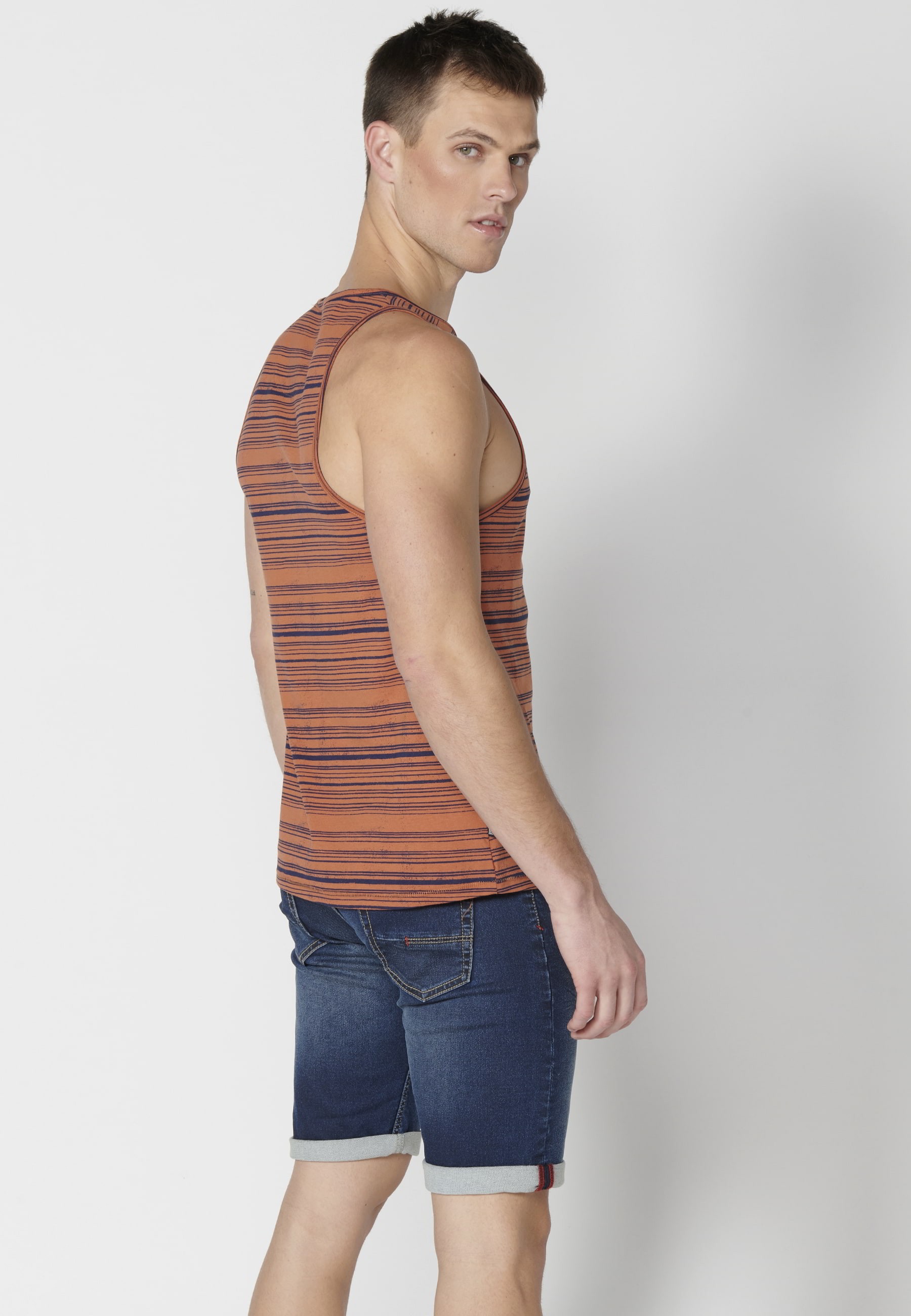 Men's Rust Color Striped Printed Cotton Tank Top