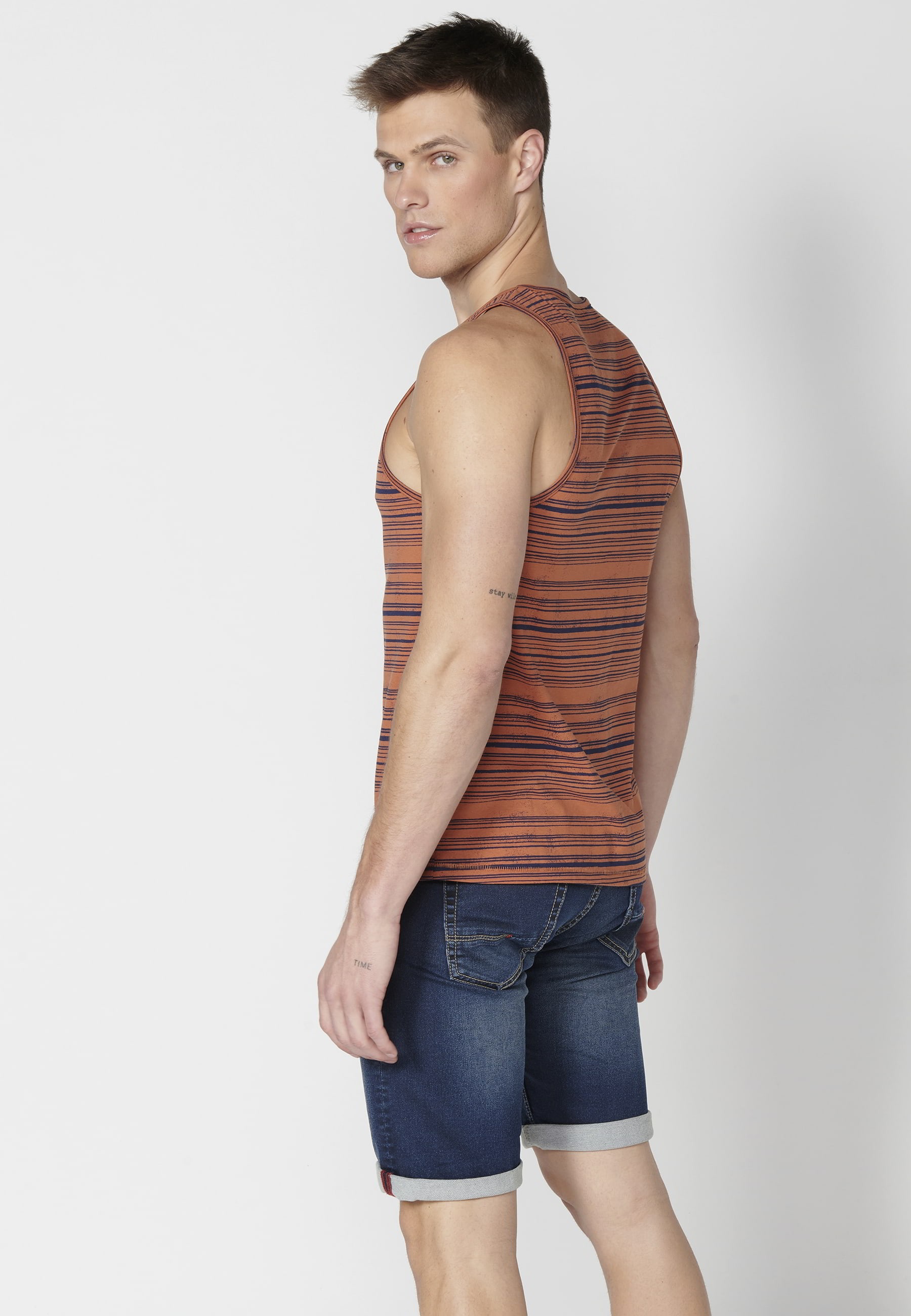 Men's Rust Color Striped Printed Cotton Tank Top